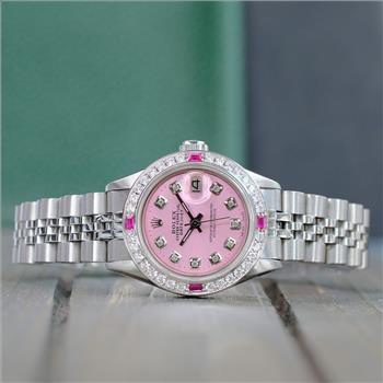 ROLEX LADIES DATEJUST WATCH STAINLESS STEEL PINK DIAL DIAMOND BEZEL 26MM - PREOWNED