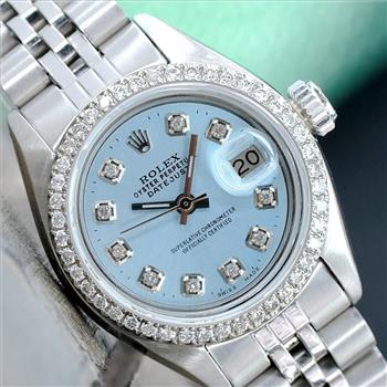 ROLEX LADIES DATEJUST WATCH STAINLESS STEEL BLUE DIAL DIAMOND BEZEL 26MM - PREOWNED
