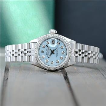 ROLEX LADIES DATEJUST WATCH STAINLESS STEEL BLUE DIAL DIAMOND BEZEL 26MM - PREOWNED