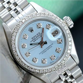 ROLEX LADIES DATEJUST WATCH STAINLESS STEEL BLUE DIAL DIAMOND BEZEL 26MM - PREOWNED