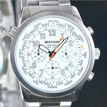 BEUCHAT MONDIAlLE DIVERS MENS WATCH WHITE CHRONOGRAPH 24 HOUR TIME ZONE STEEL