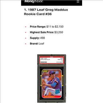 1987 Leaf #36 Greg Maddux Rookie Card Graded  a 10