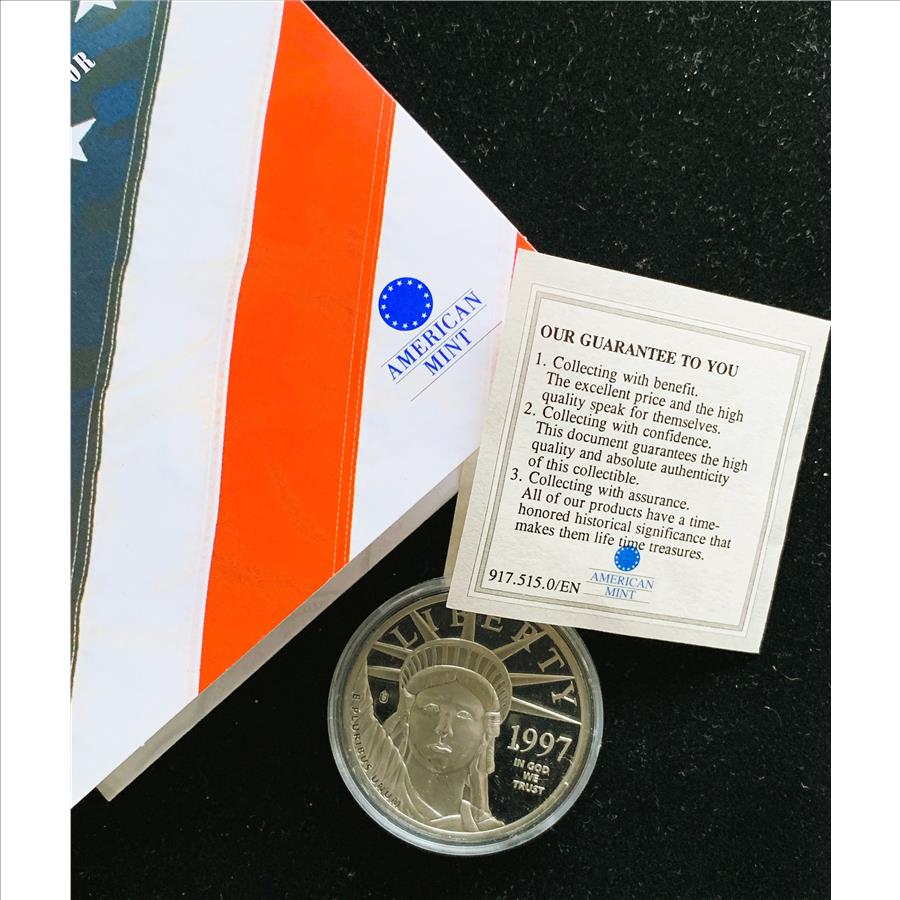 1997 100 EAGLE LADY LIBERTY PLATINUM REPLICA COIN, PROOF UNCIRCULATED