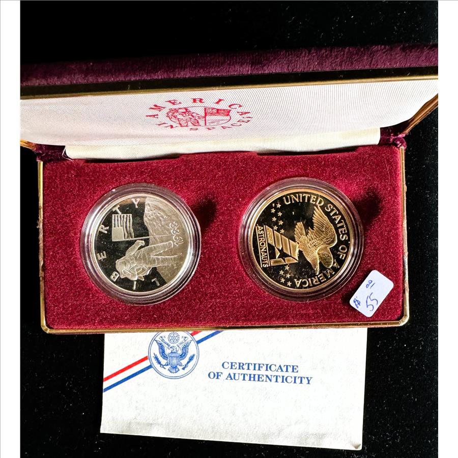 1988 U.S. MINT TWO-PIECE PROOF COMMEMORATIVE AMERICAN SPACE SET, SILVER ASTRONAUT, BRONZE SHUTTLE, COA, ORIG MINT CASE