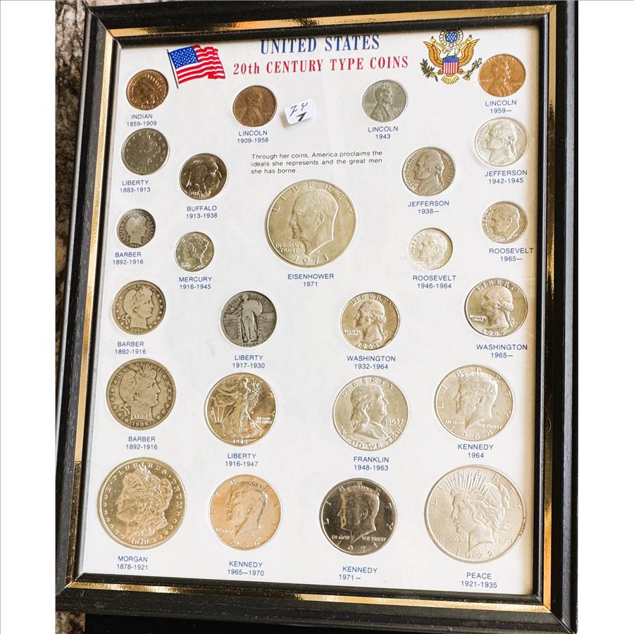 U.S. 20TH CENTURY TYPE QUALITY COINS IN A FRAMED DISPLAY CASE