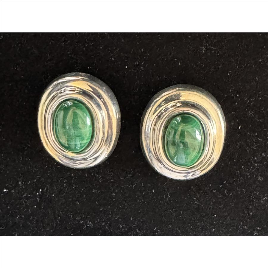.925 MEXICO STERLING SILVER VINTAGE CLIP-ON EARRINGS, SIGNED TB-126, SOLID LARGE WITH GEM OYNX JADE TYPE STONES