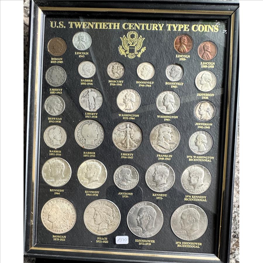 20TH CENTURY U.S. TYPE COINS COLLECTION  (29 COIN SET) INCL MORGAN & PEACE DOLLARS, NICE FRAMED DISPLAY CASE