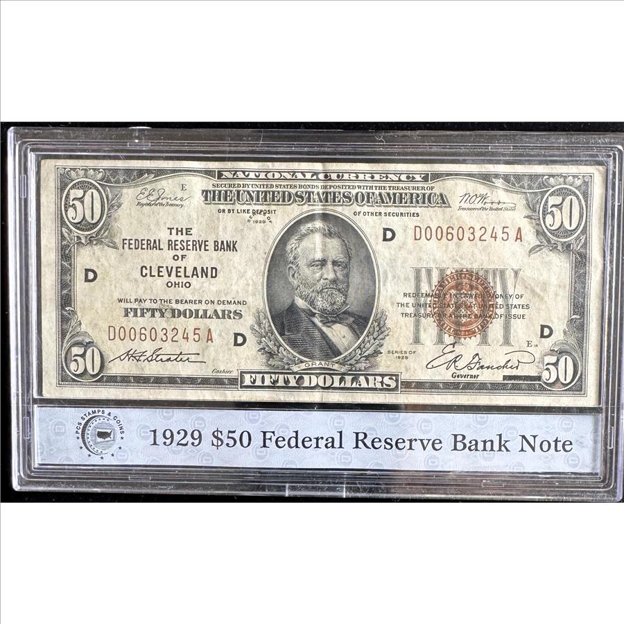 1929 SERIES $50 DOLLAR U.S. NATIONAL CURRENCY, CLEVELAND, PCS GUARANTEED, RED SEAL, IN A HARD SLAB
