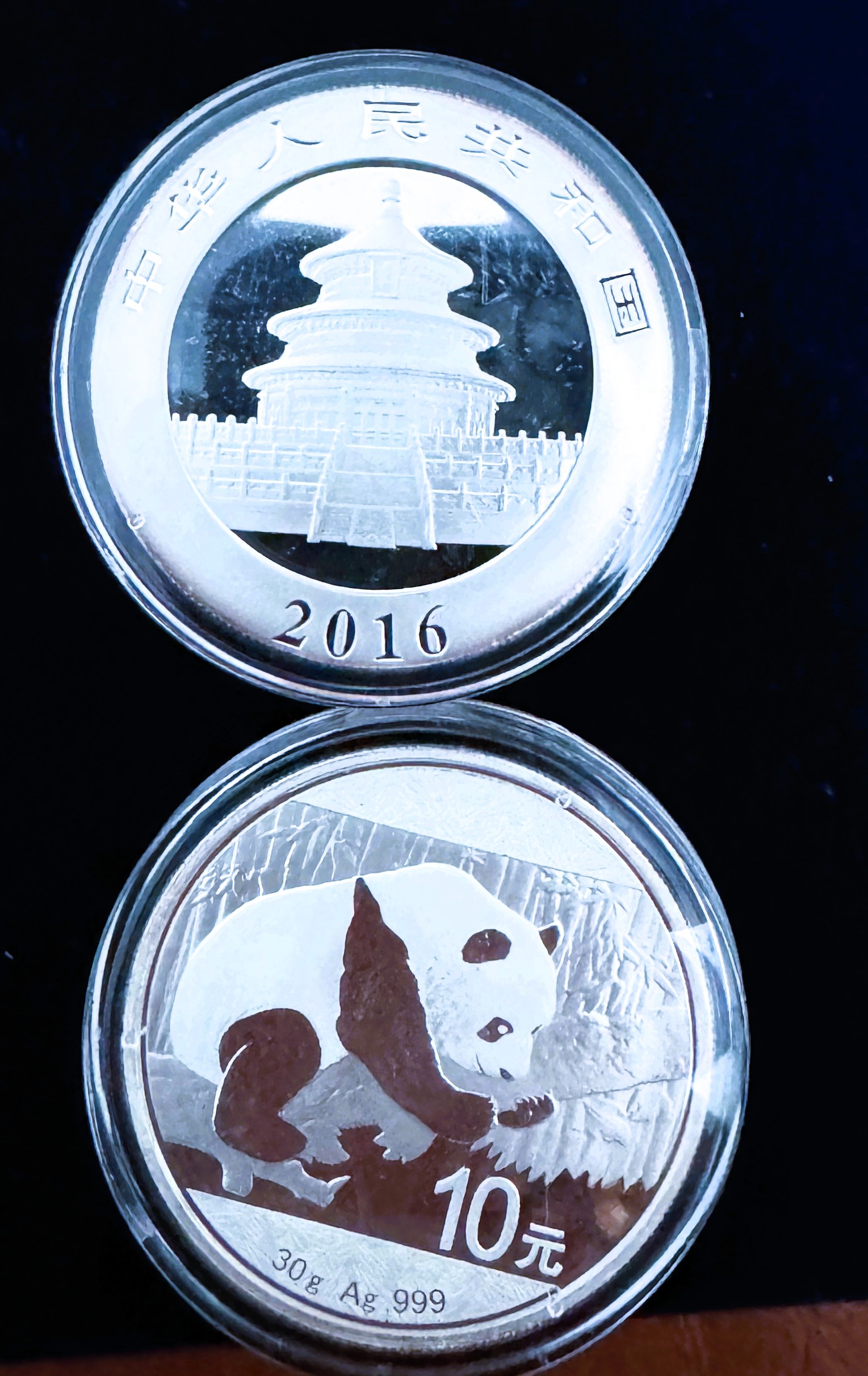 2016 CHINA PANDA 10 YUAN, (TWO COINS 30g EACH) .999 FINE SILVER  REVERSE PROOFS, UNBLEMISHED GEM COINS IN CAPSULES, PHOTO NO JUSTICE 