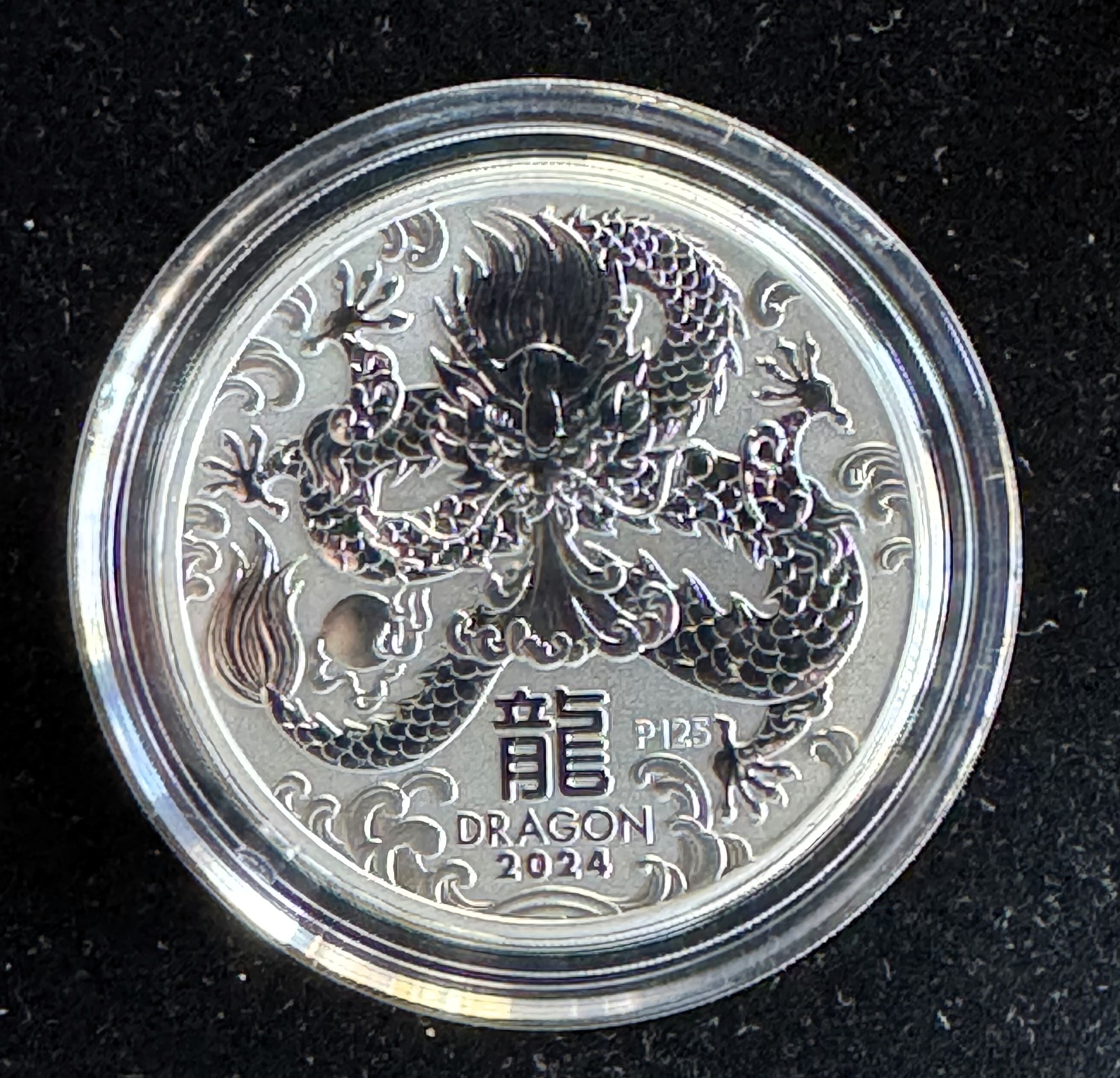 2024 .9999 2oz FINE SILVER PERTH LUNAR YEAR OF THE DRAGON, ABSOLUTE GEM BU ARGENT PROOF IN A CAPSULE