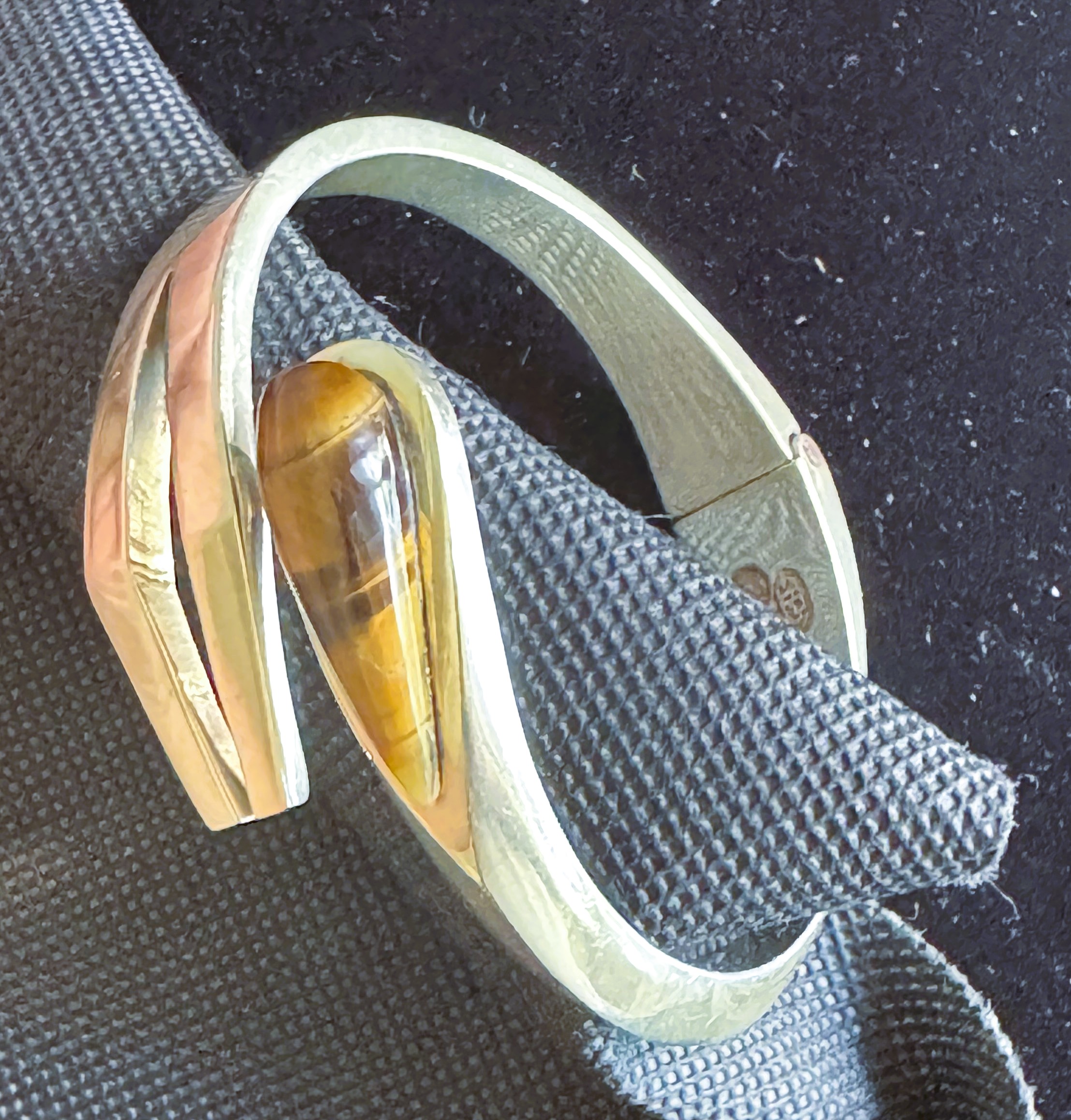 ESTATE VINTAGE MEXICO .925 STERLING SILVER SOLID EXPANDABLE TIGER EYE SIGNED GEM BRACELET