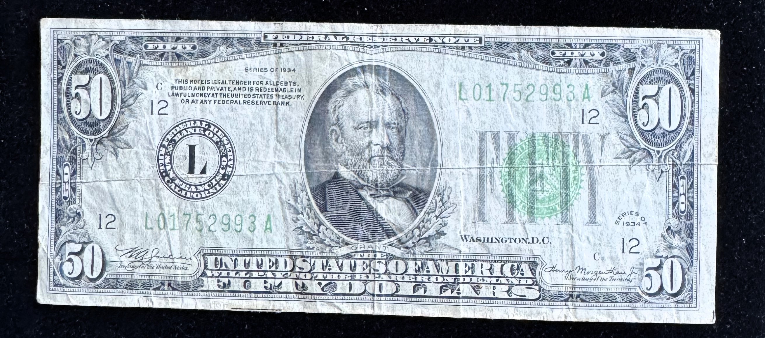 1934 SERIES $50 DOLLAR SAN FRANCISCO FEDERAL RESERVE NOTE, GREEN SEAL IN A SLEVE