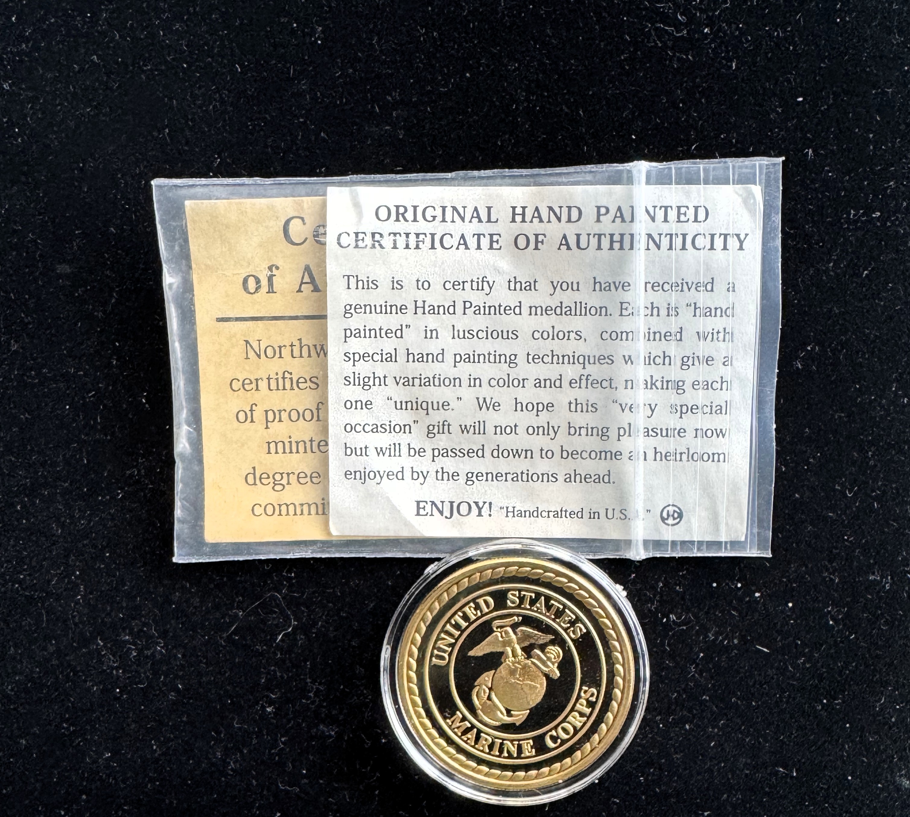 U.S. MARINE CORPS OPERATION IRAQI COLORIZED PROOF MERLIN GOLD W/COA, & 2020 TRUMP KEEP AMERICA GREAT GOLDEN  MEDALALLIONS IN CAPSULES, BU COINS