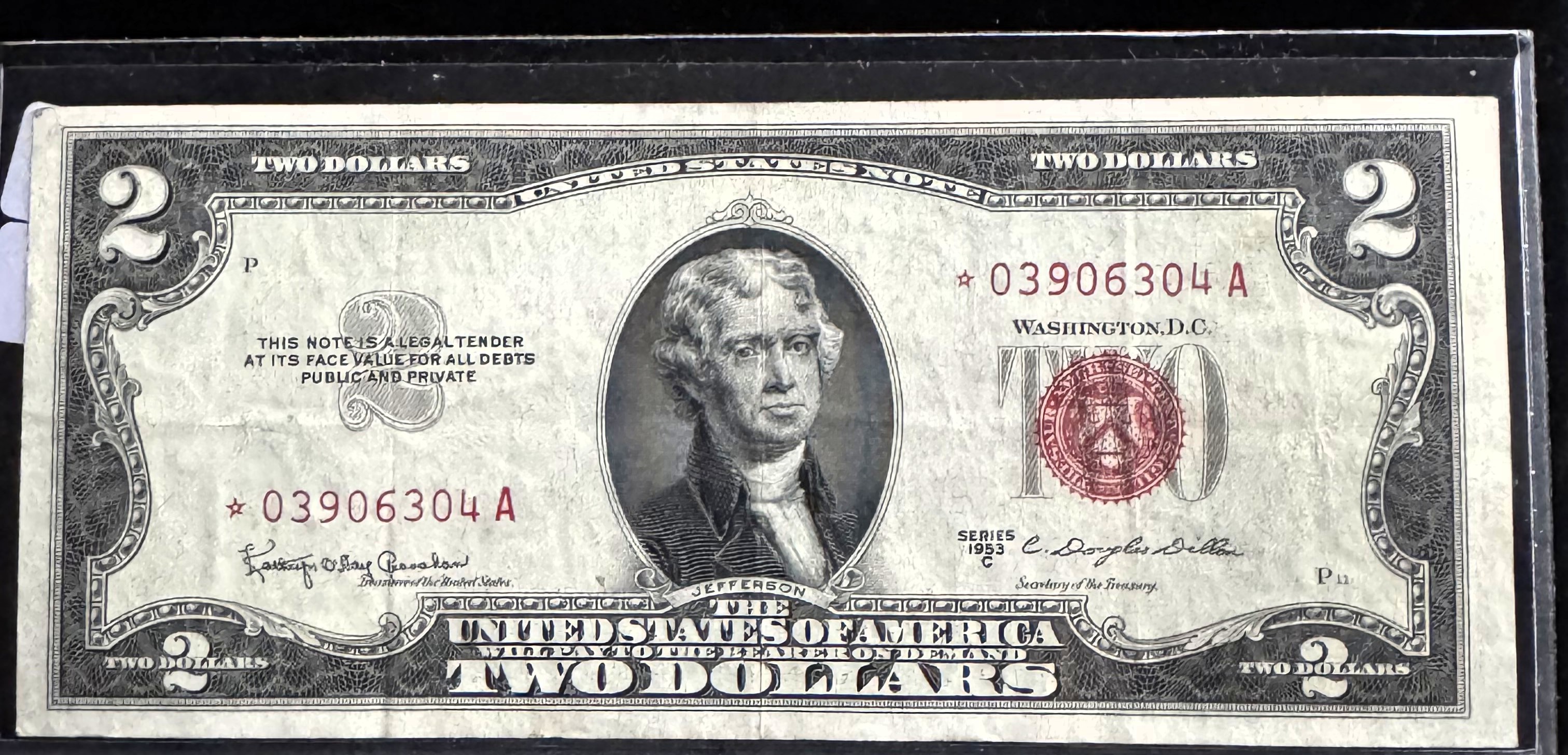 1953 C SERIES $2 DOLLAR, "STAR NOTE" CRISP RED SEAL, IN A SLEVE