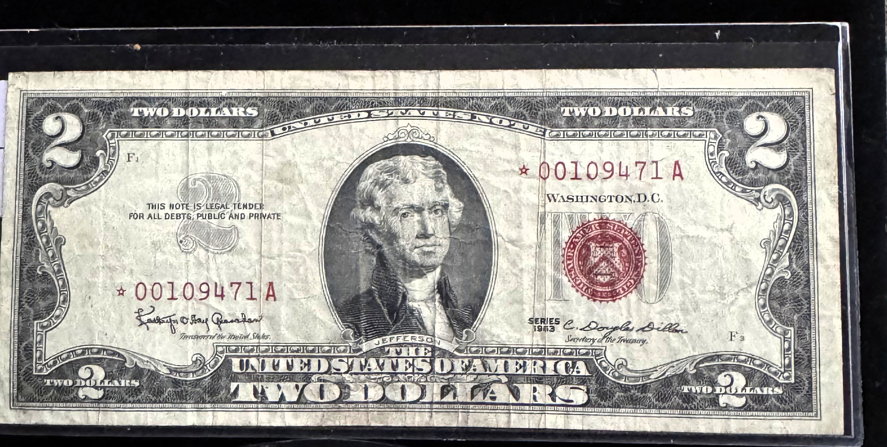 1963 SERIES $2 DOLLAR U.S. NOTE "STAR NOTE"  RED SEAL,  IN A SLEVE