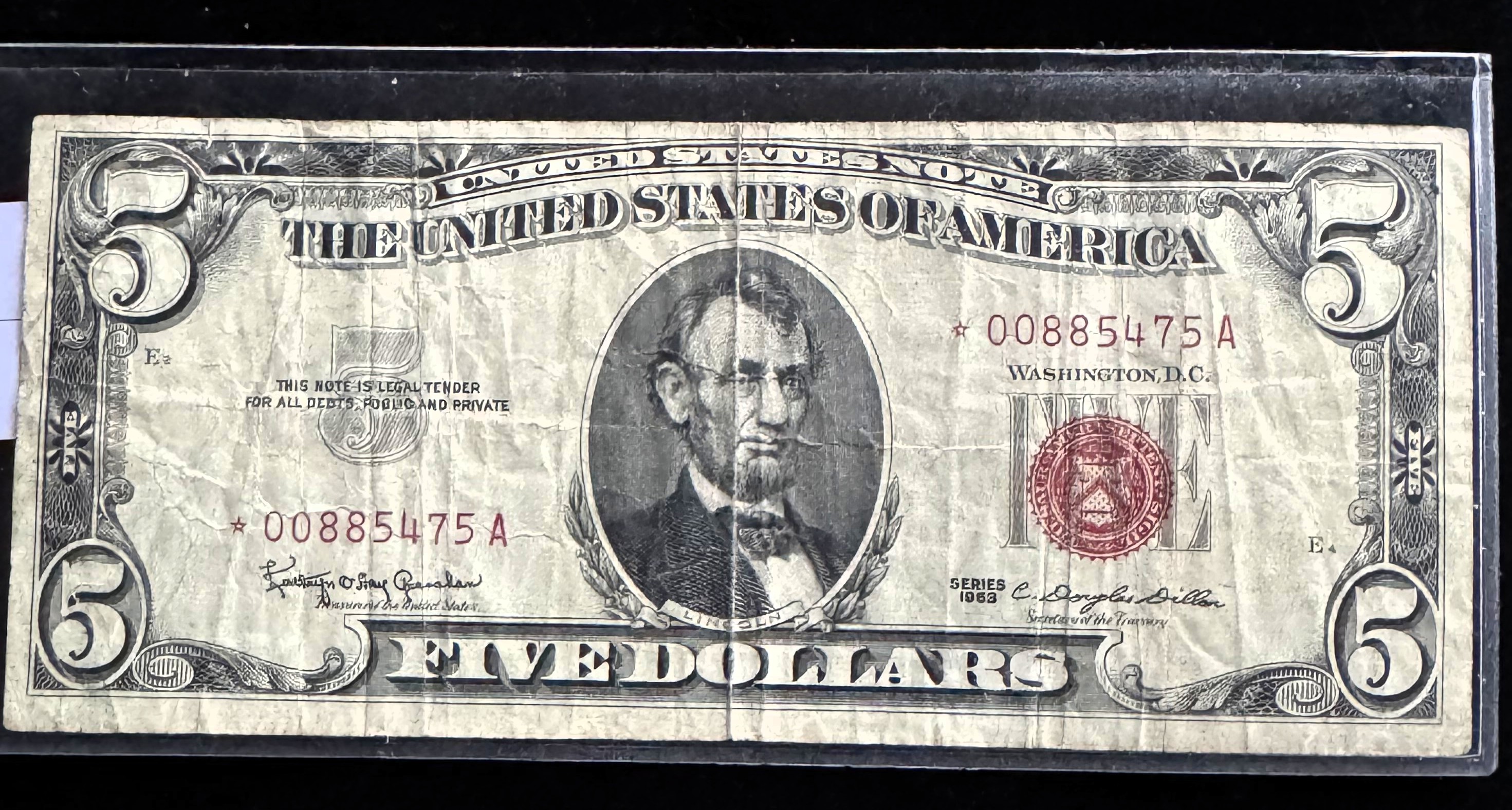 1963 SERIES $5 DOLLAR "STAR NOTE", RED SEAL IN A SLEVE