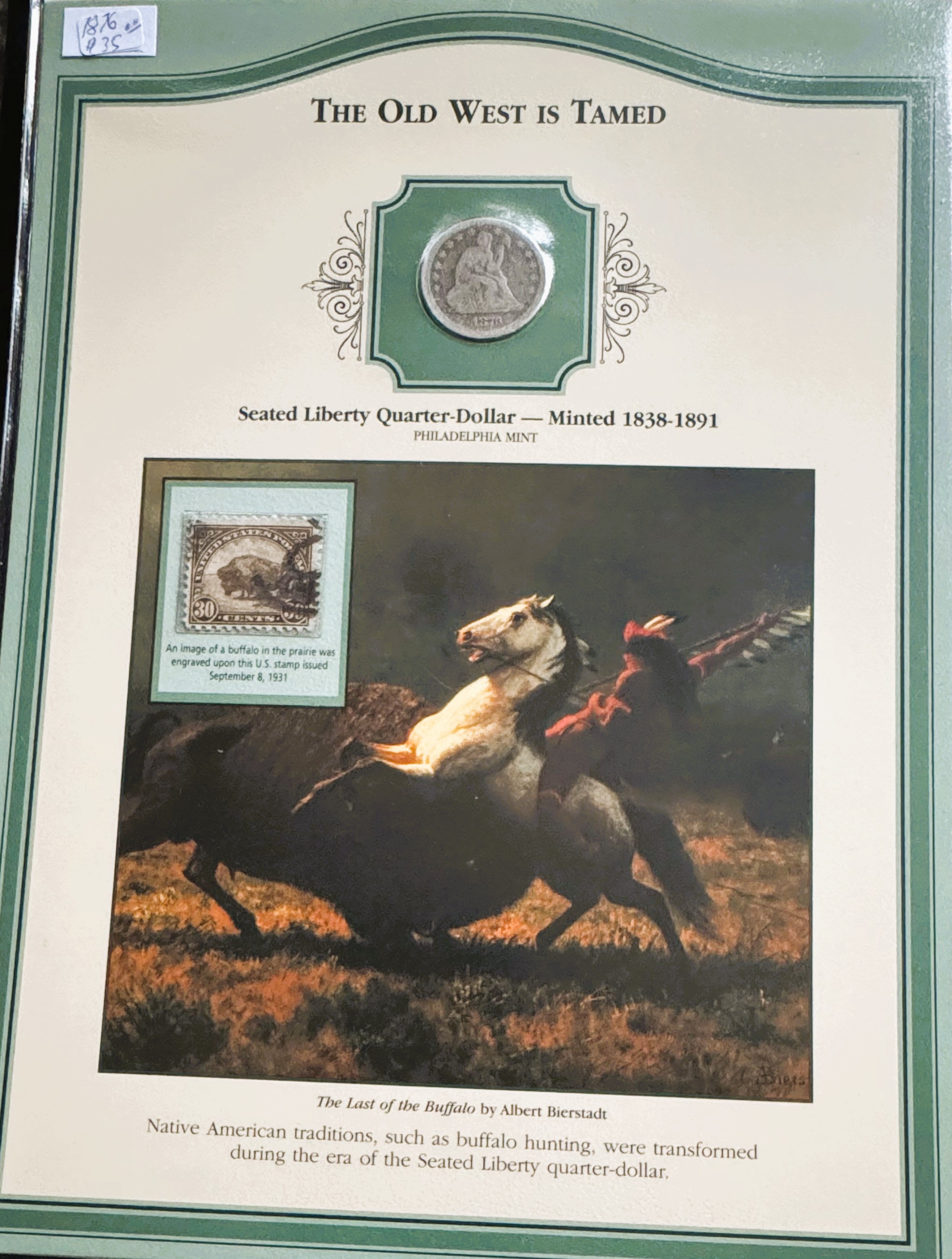 U.S. COINS & STAMPS 1876 SEATED LIBERTY QUARTER SILVER COIN & STAMP COLLECTOR SET