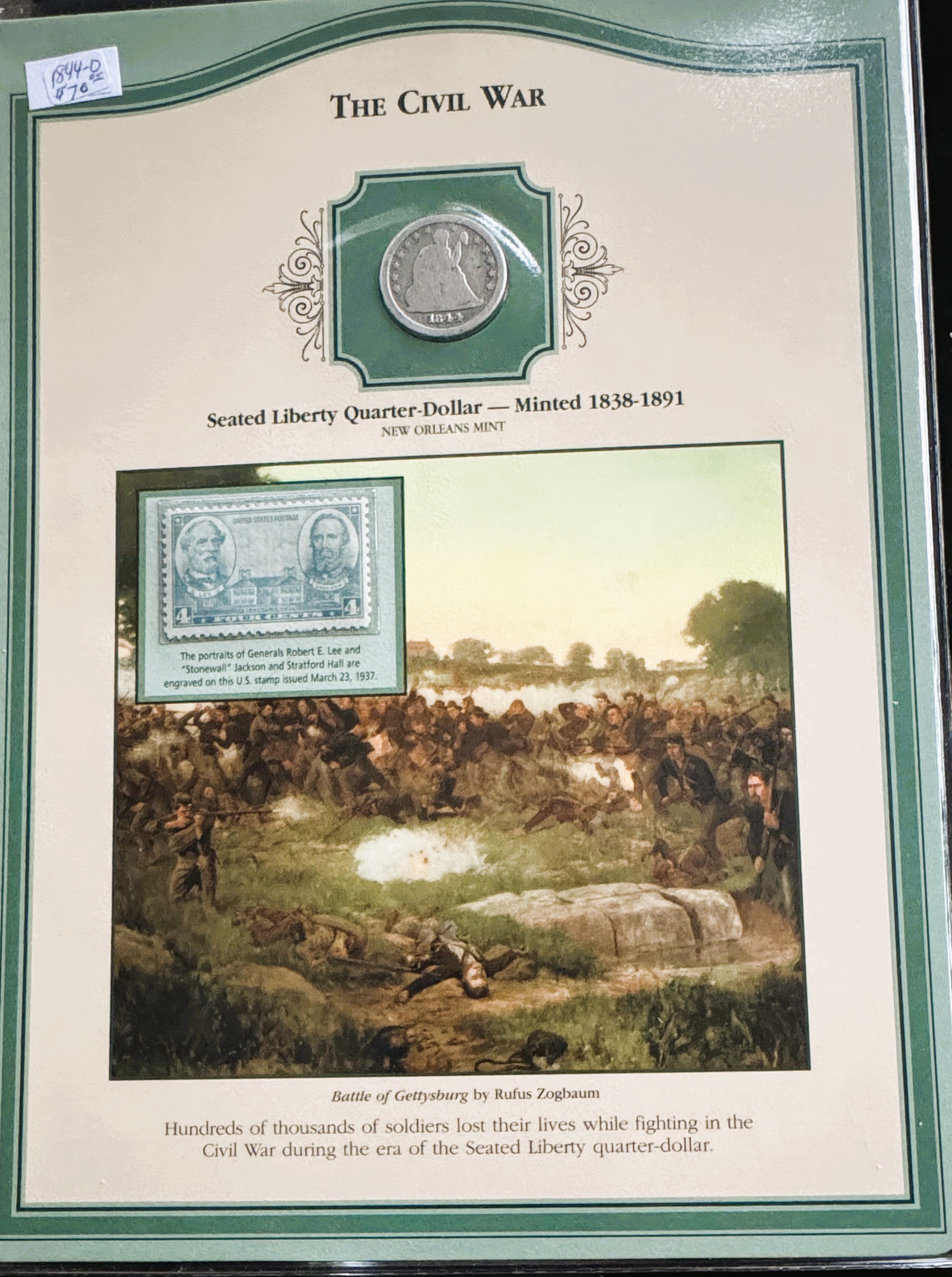 U.S. COINS & STAMPS 1844 SEATED LIBERTY QUARTER SILVER COIN & STAMP COLLECTOR SET