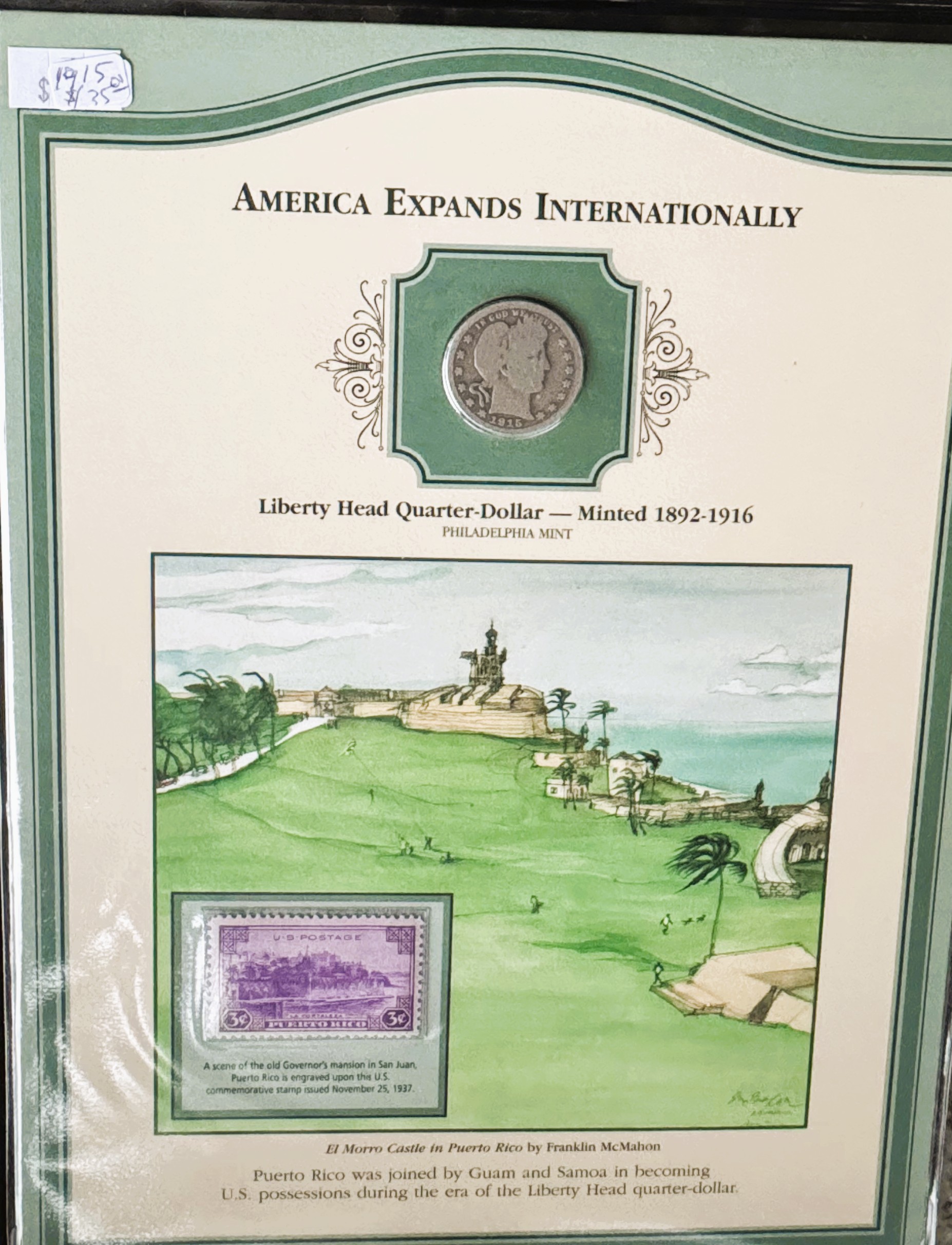 U.S. COINS & STAMPS 1915 BARBER QUARTER SILVER COIN & STAMP COLLECTOR SET