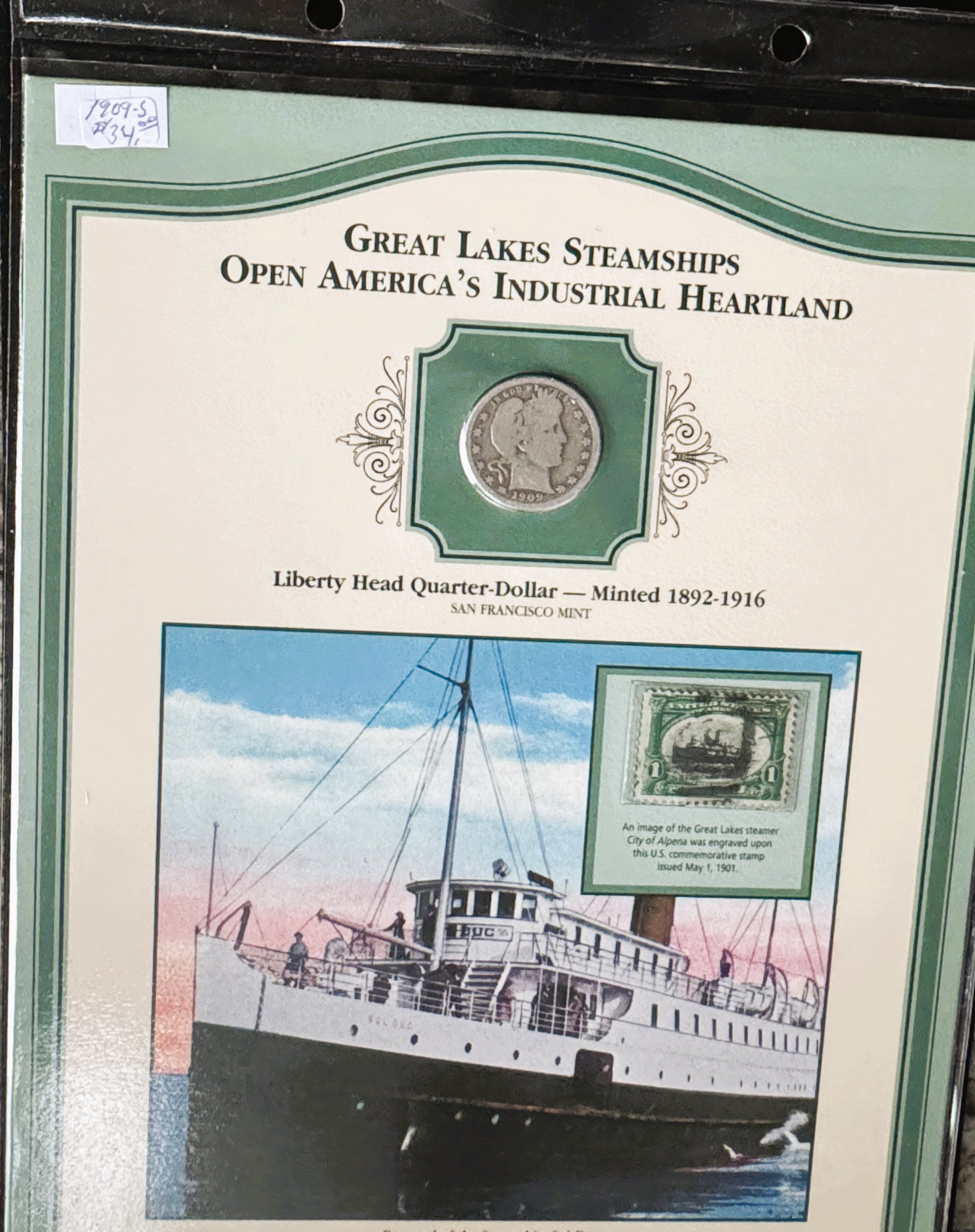 U.S. COINS & STAMPS 1909-S BARBER QUARTER SILVER COIN & STAMP COLLECTOR SET