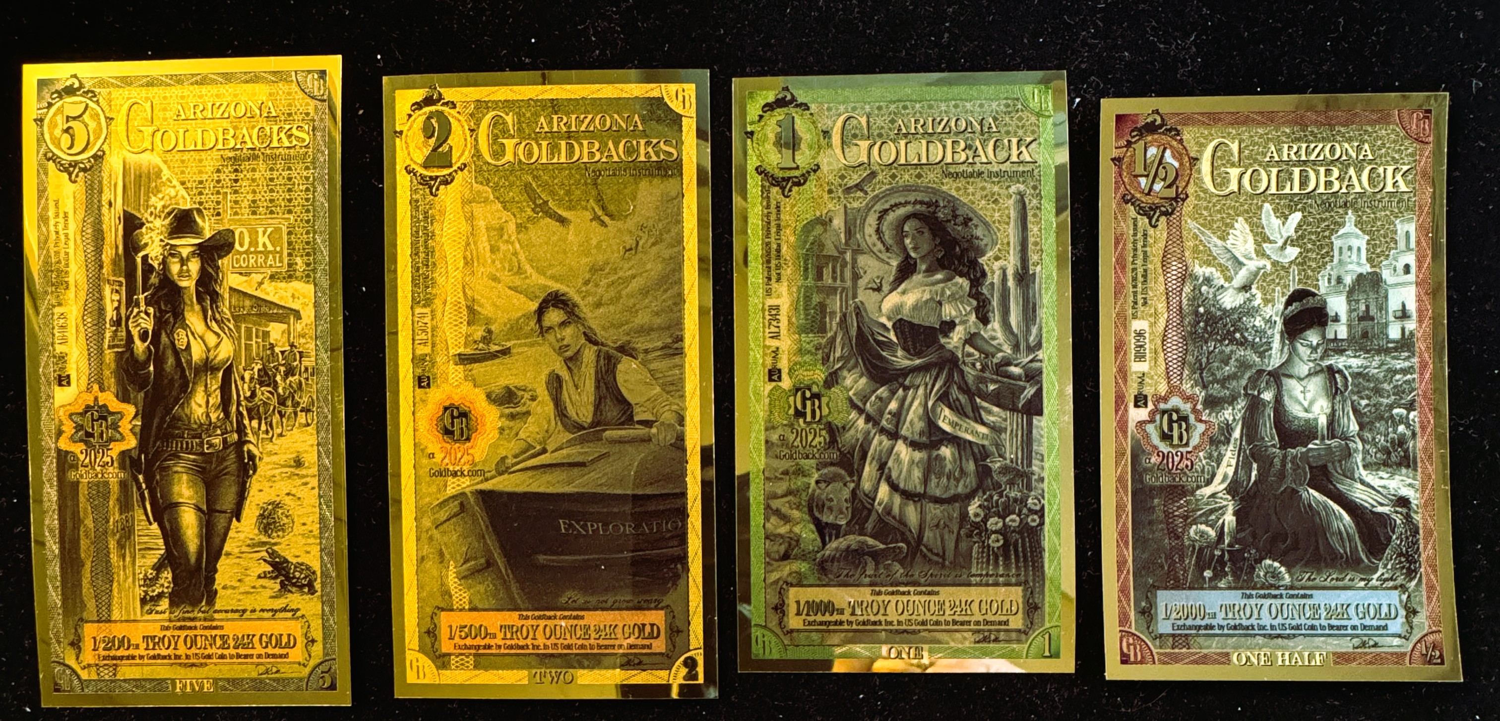 GOLD, 1/2, 1, 2 & 5 (4) ARIZONA GOLDBACKS, GOLD FOIL NOTES, 1/200, 1/500, 1/1000 & 1/2000 24K .999 FINE GOLD, CAN BE USED AS LEGAL TENDER