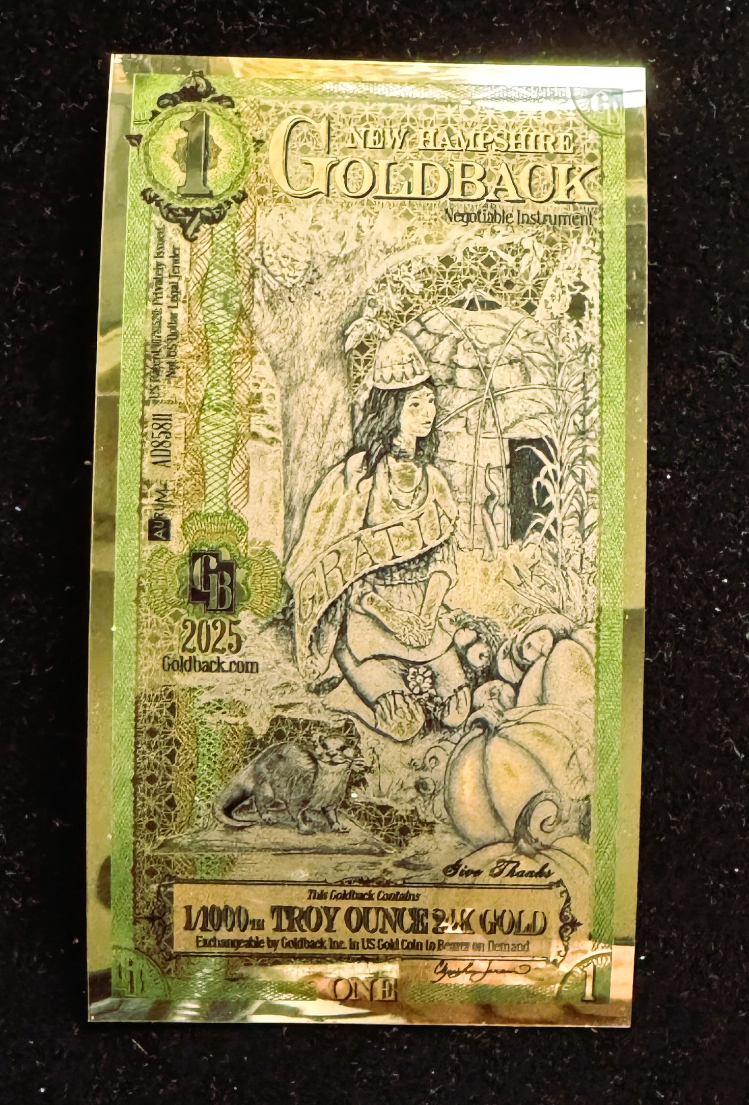 GOLD, 1 NEW HAMPSHIRE GOLDBACK, GOLD FOIL NOTE, 24kt 1/1000 .999 24K FINE GOLD, CAN BE USED AS LEGAL TENDER