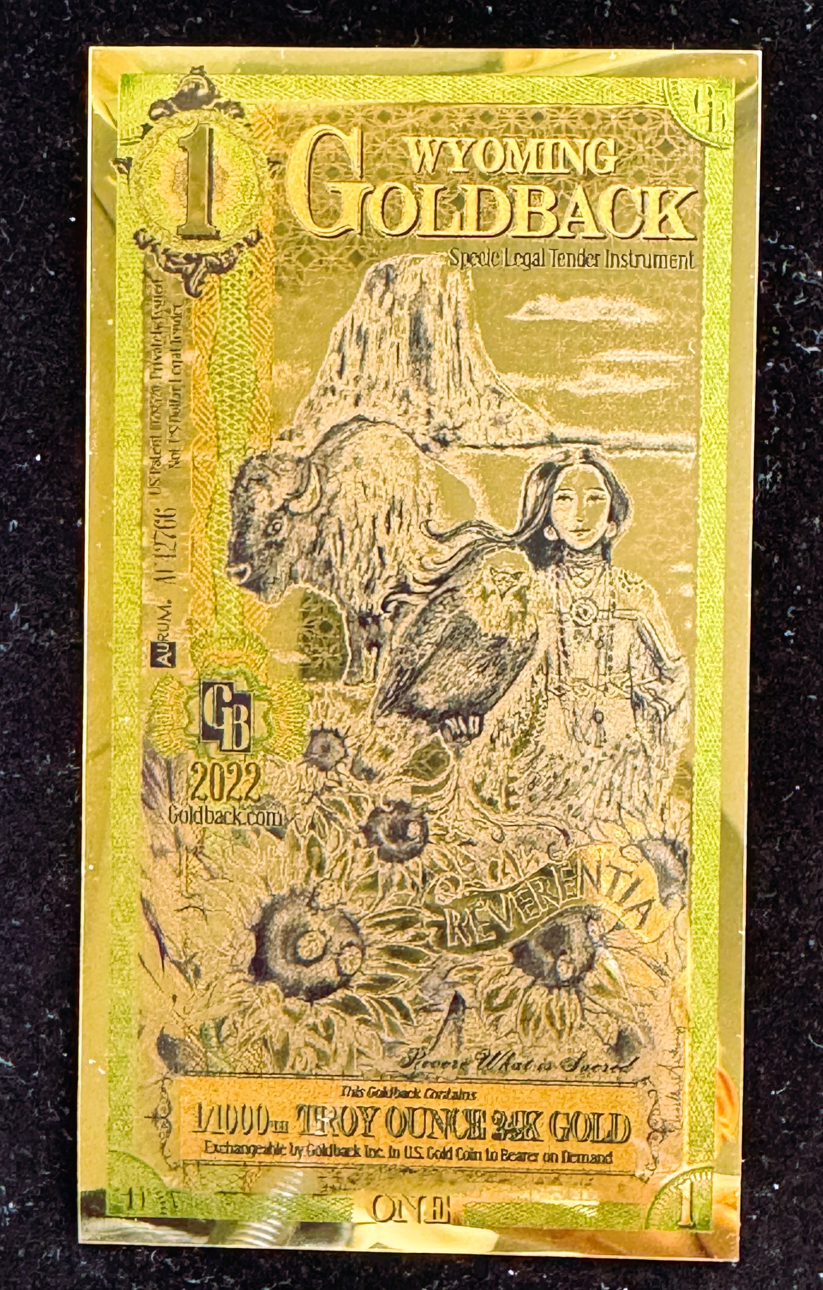 GOLD, 1 WYOMING GOLDBACK, GOLD FOIL NOTE,1/1000 .999 24K FINE GOLD, CAN BE USED AS LEGAL TENDER