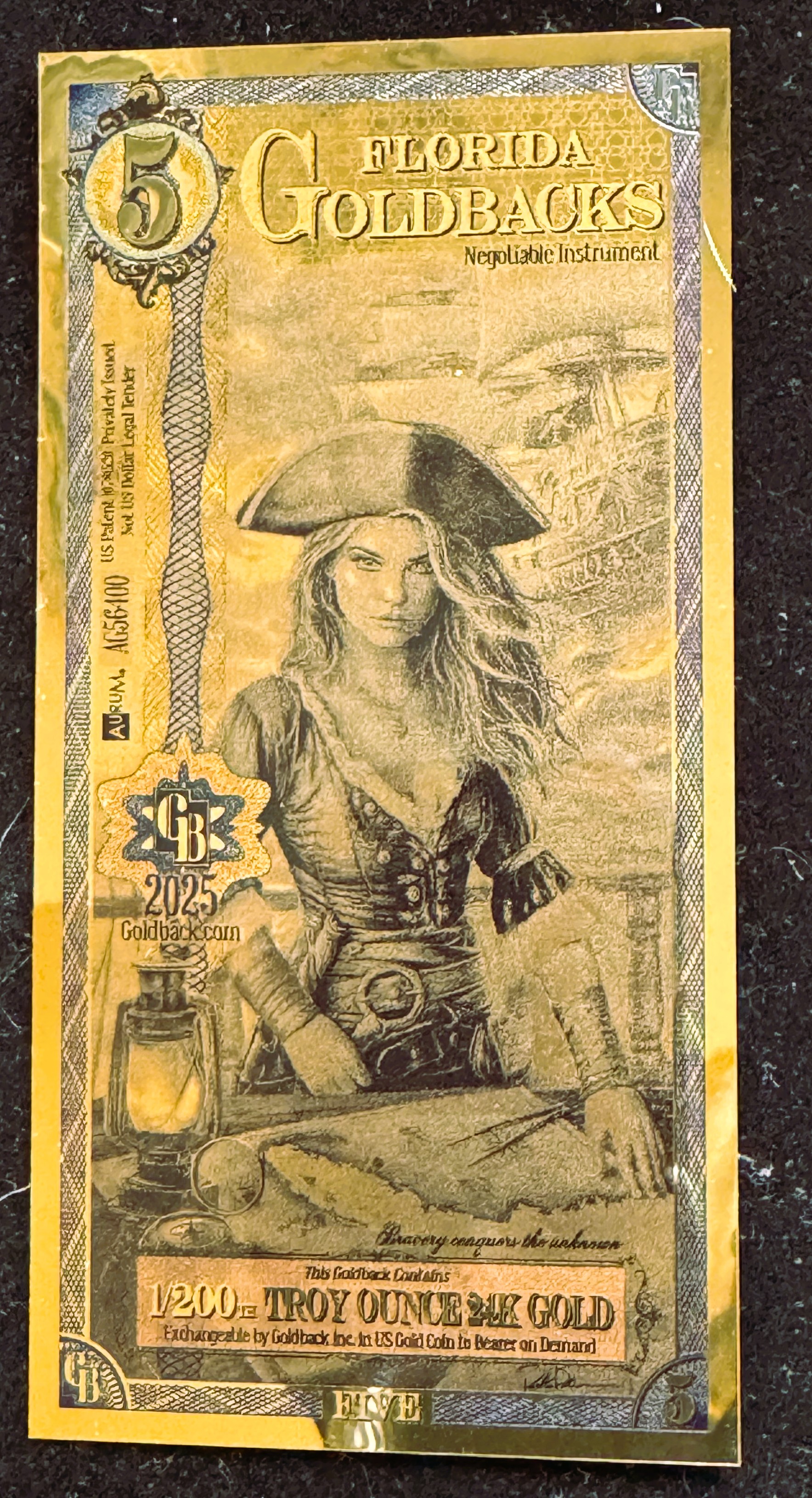 GOLD, 5 FLORIDA GOLDBACK, GOLD FOIL NOTE, 24kt 1/200 TROY OUNCE FINE GOLD, CAN BE USED AS LEGAL TENDER