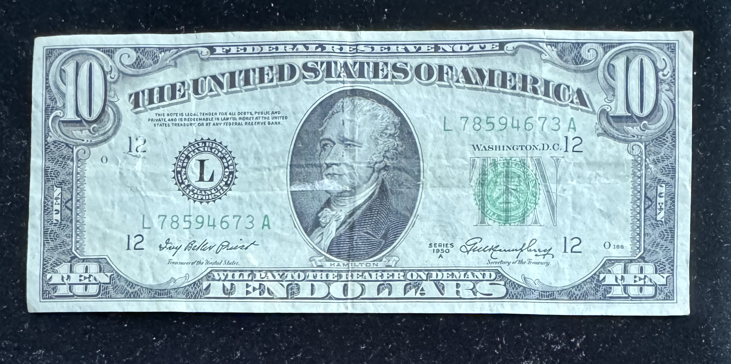 1950 A SERIES $10 SAN FRANCISCO FEDERAL RESERVE NOTE, GREEN SEAL IN A SLEVE