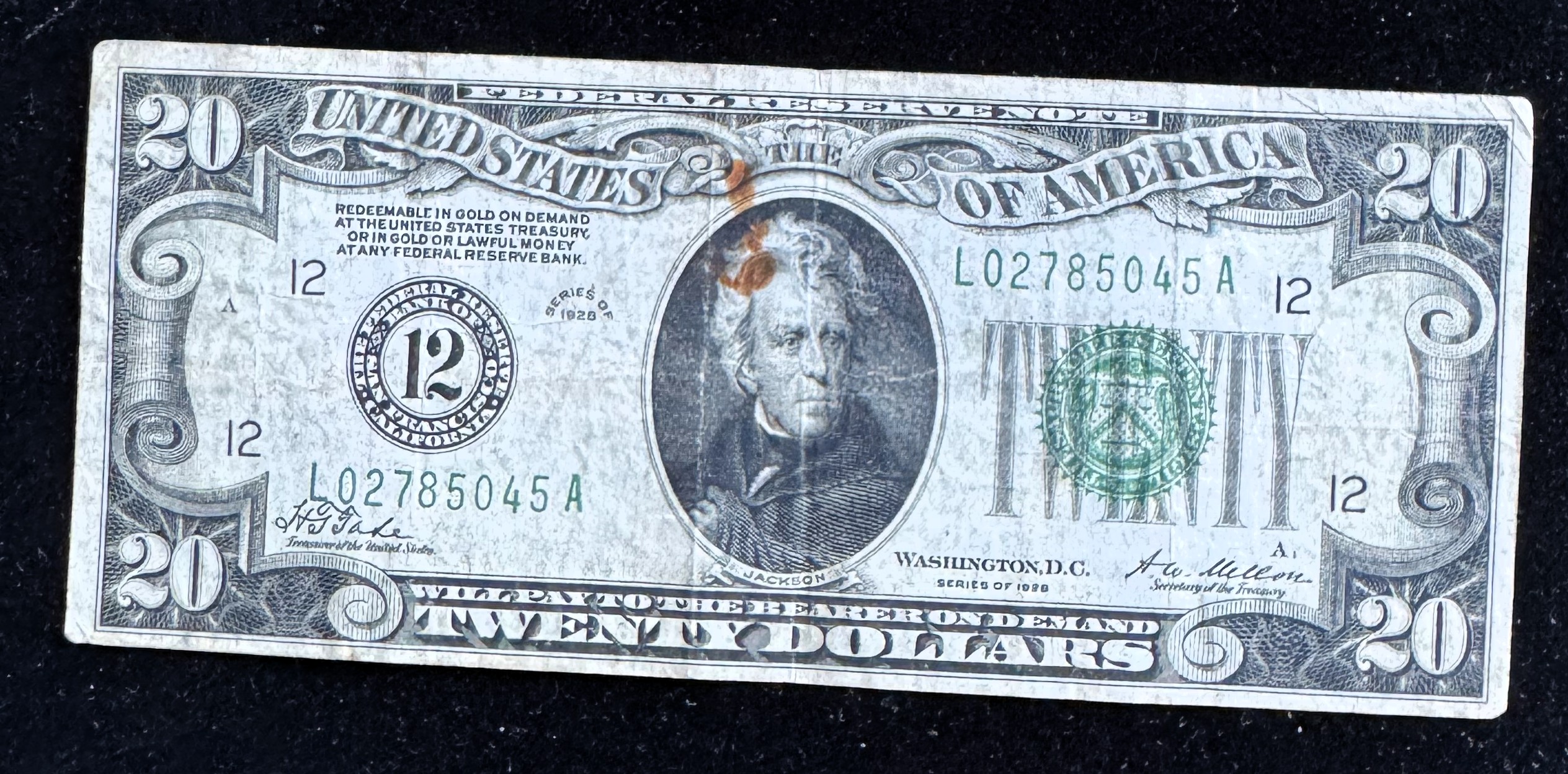 1928 SERIES $20 DOLLAR SAN FRANCISCO FEDERAL RESERVE NOTE GREEN SEAL IN A SLEVE