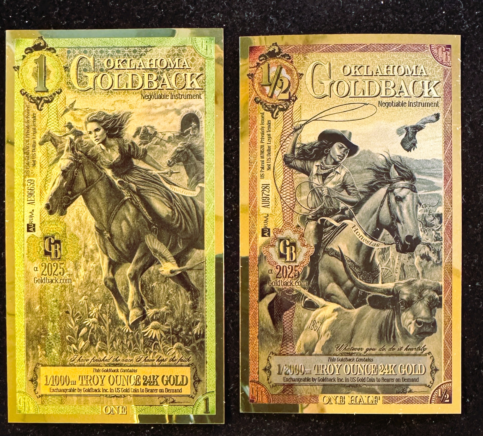GOLD, 1/2 AND 1 OKLAHOMA GOLDBACKS, GOLD FOIL NOTES, 1/1000 & 1/2000 24K .999 FINE GOLD, CAN BE USED AS LEGAL TENDER