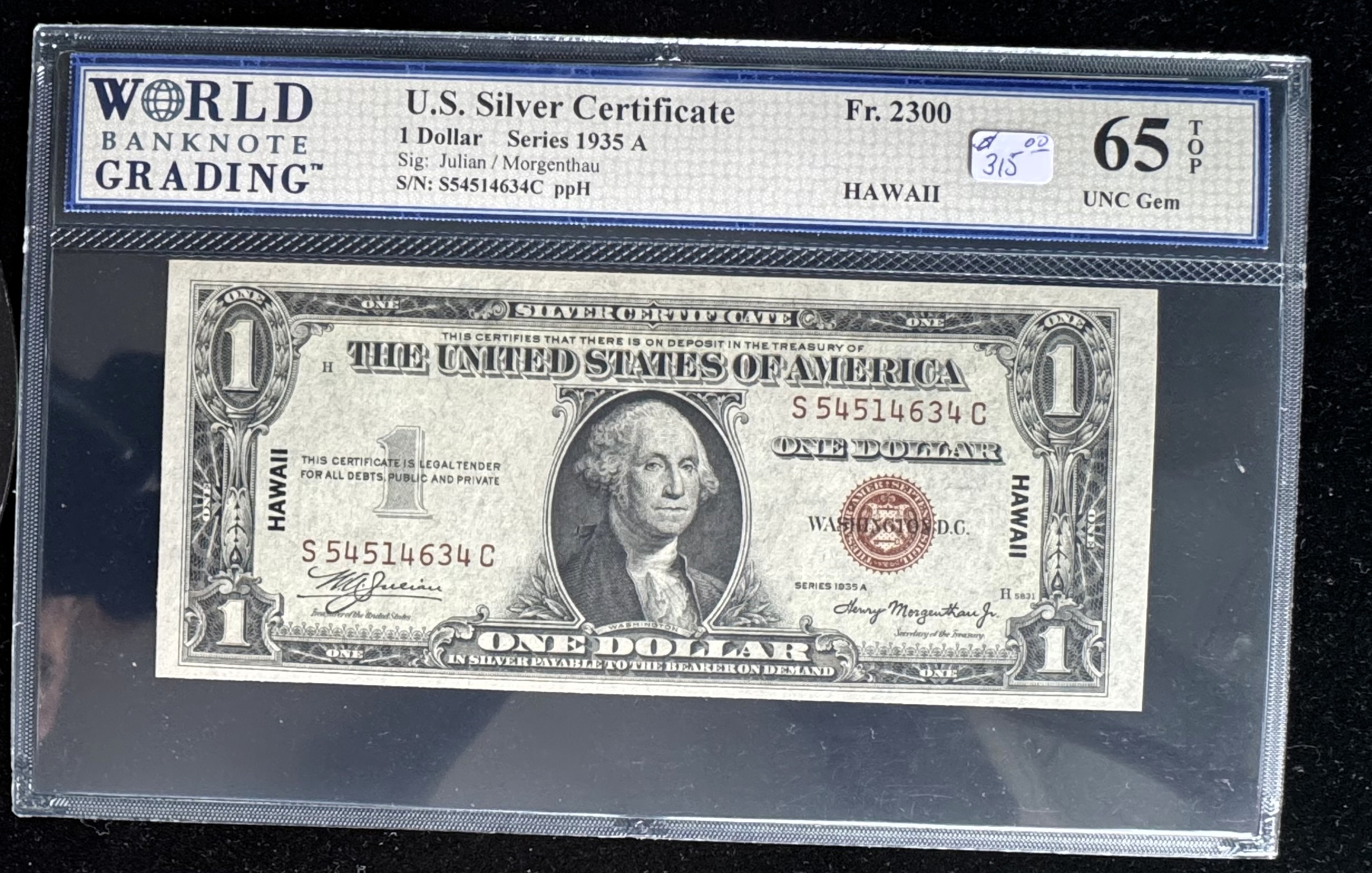 1935 A SERIES HAWAII EMERGENCY WW II NOTE, $1 DOLLAR SILVER CERTIFICATE, RED SEAL, HIGH GRADED WBG 65 TOP UNCIRCULATED GEM