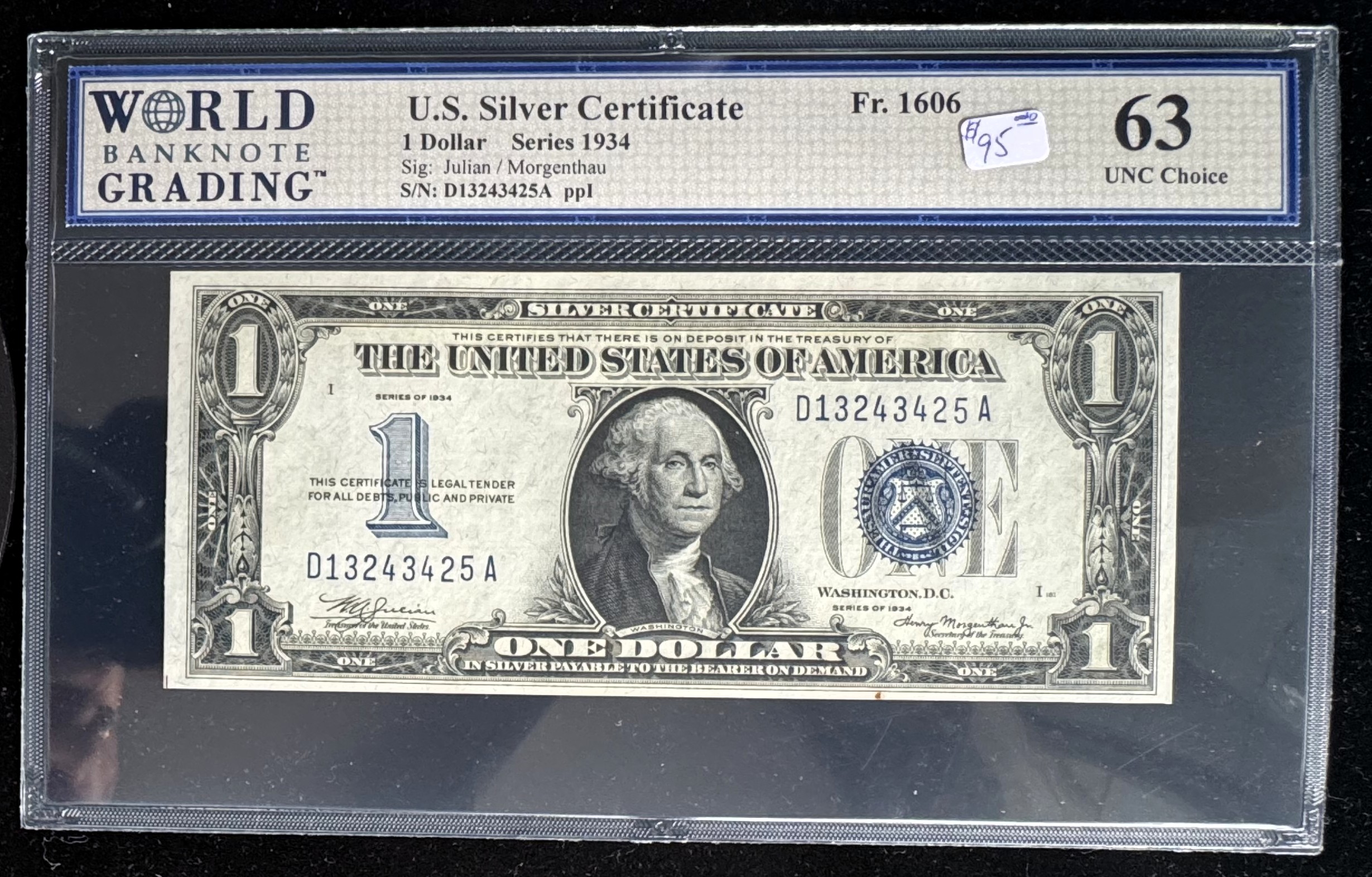 1934 SERIES $1 DOLLAR SILVER CERTIFICATE FUNNYBACK, HIGH GRADED WBG 63 UNCIRCULATED CHOICE