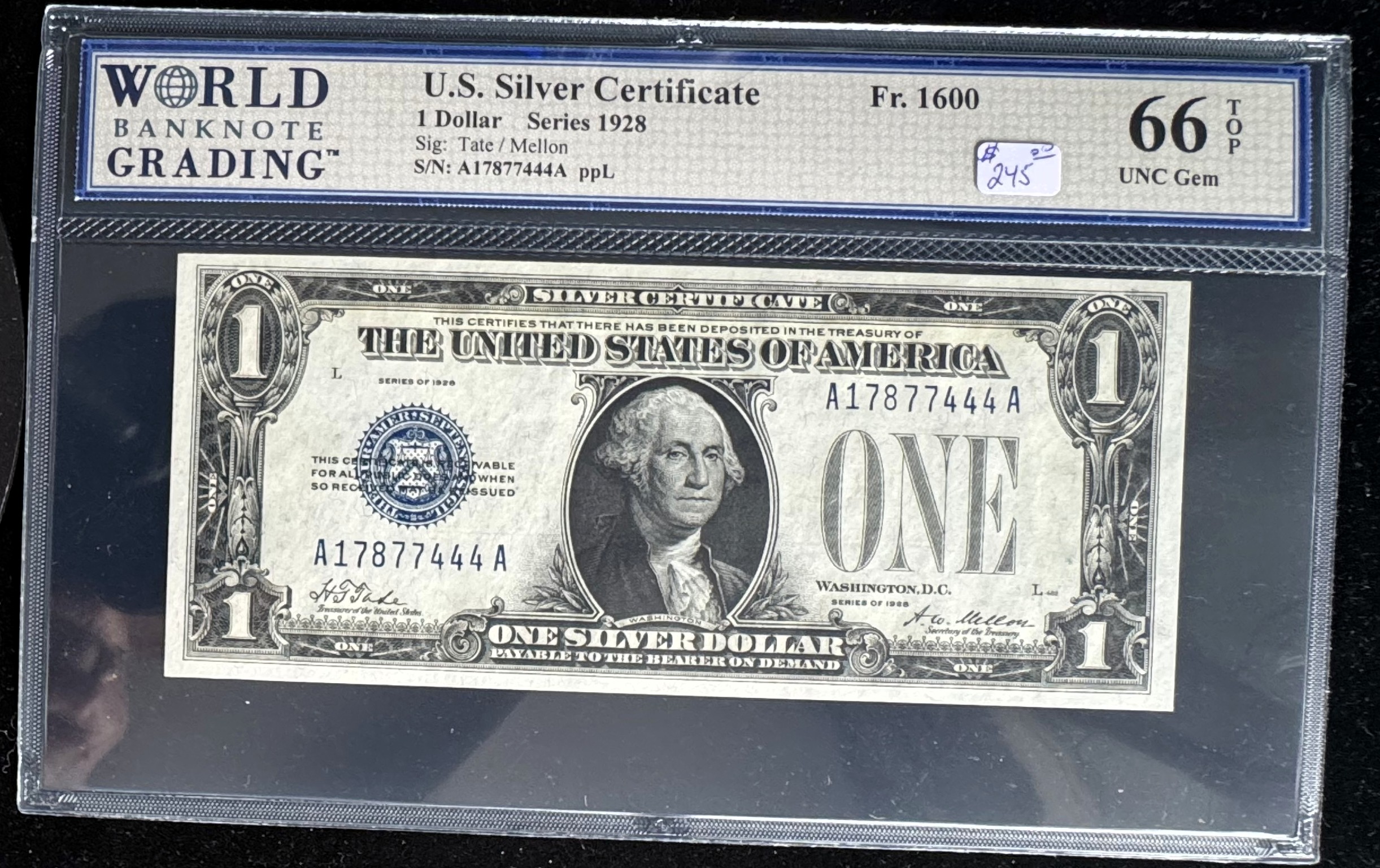 1928 SERIES $1 DOLLAR SILVER CERTIFICATE FUNNYBACK, HIGH GRADED WBG 66 TOP UNCIRCULATED GEM