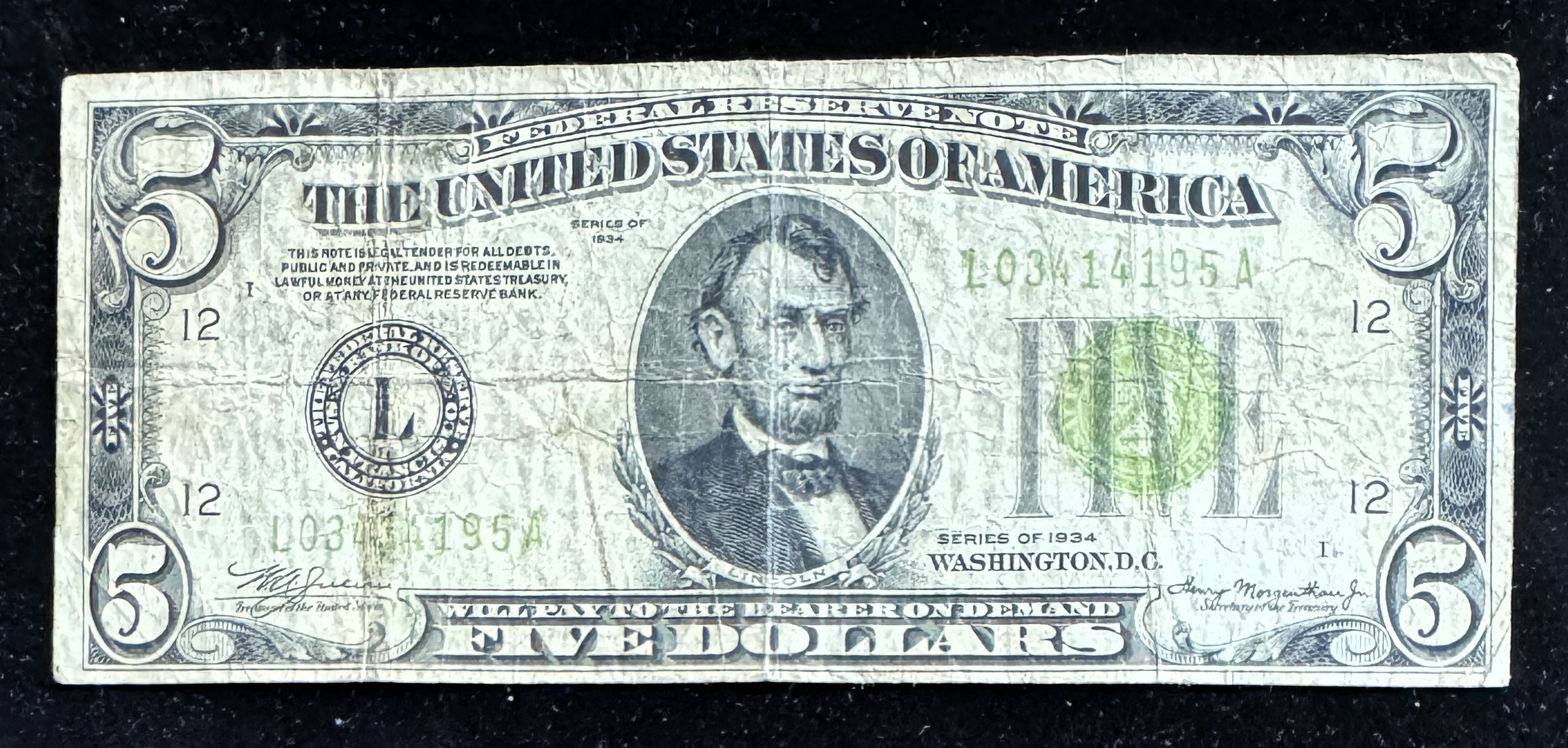 1934 SERIES $5 DOLLAR SAN FRANCISCO, LIGHT GREEN SEAL,  IN A SLEVE