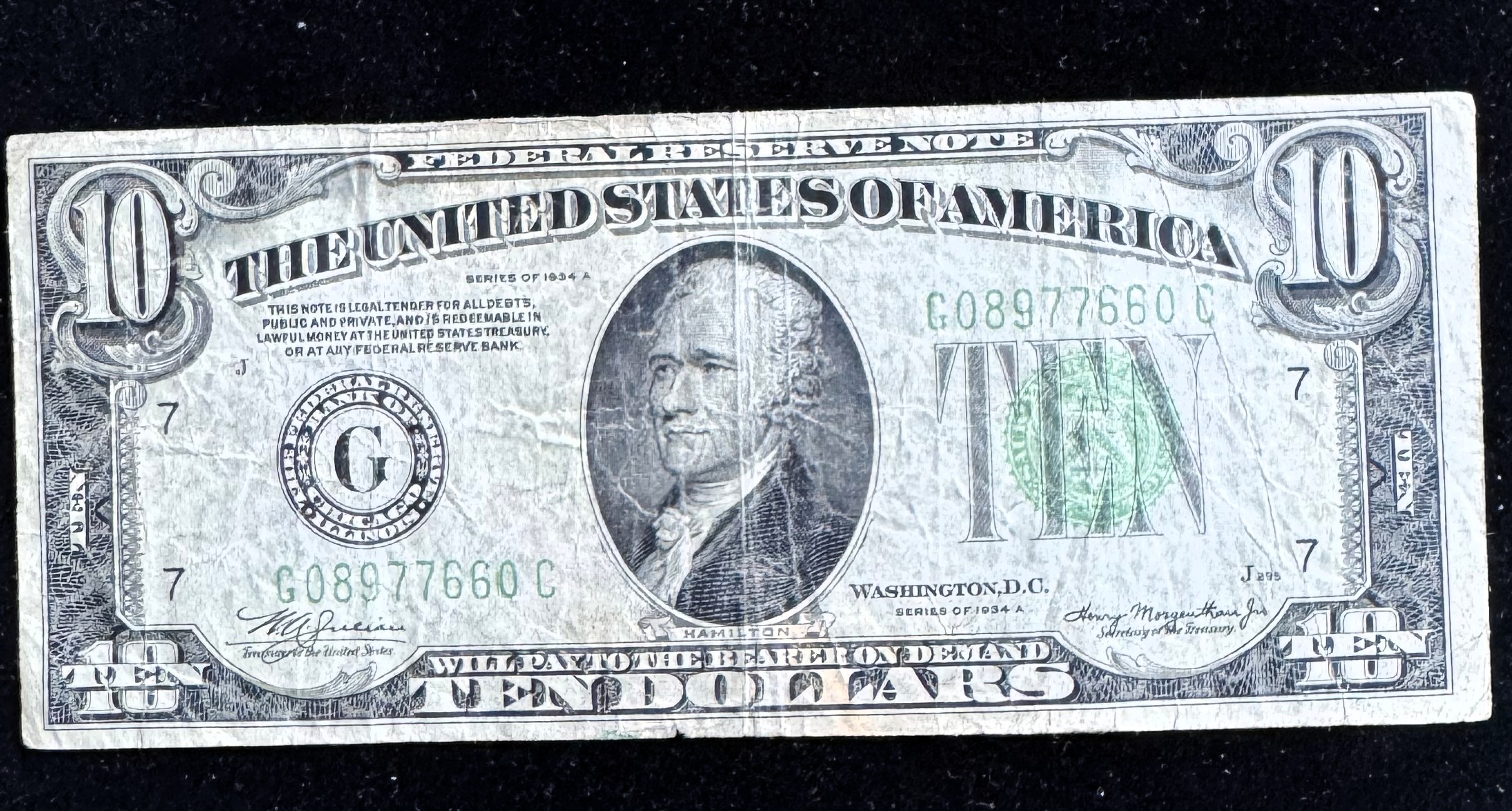 1934 A SERIES $5 DOLLAR, CHICAGO, LIGHT GREEN  SEAL,  IN A SLEVE