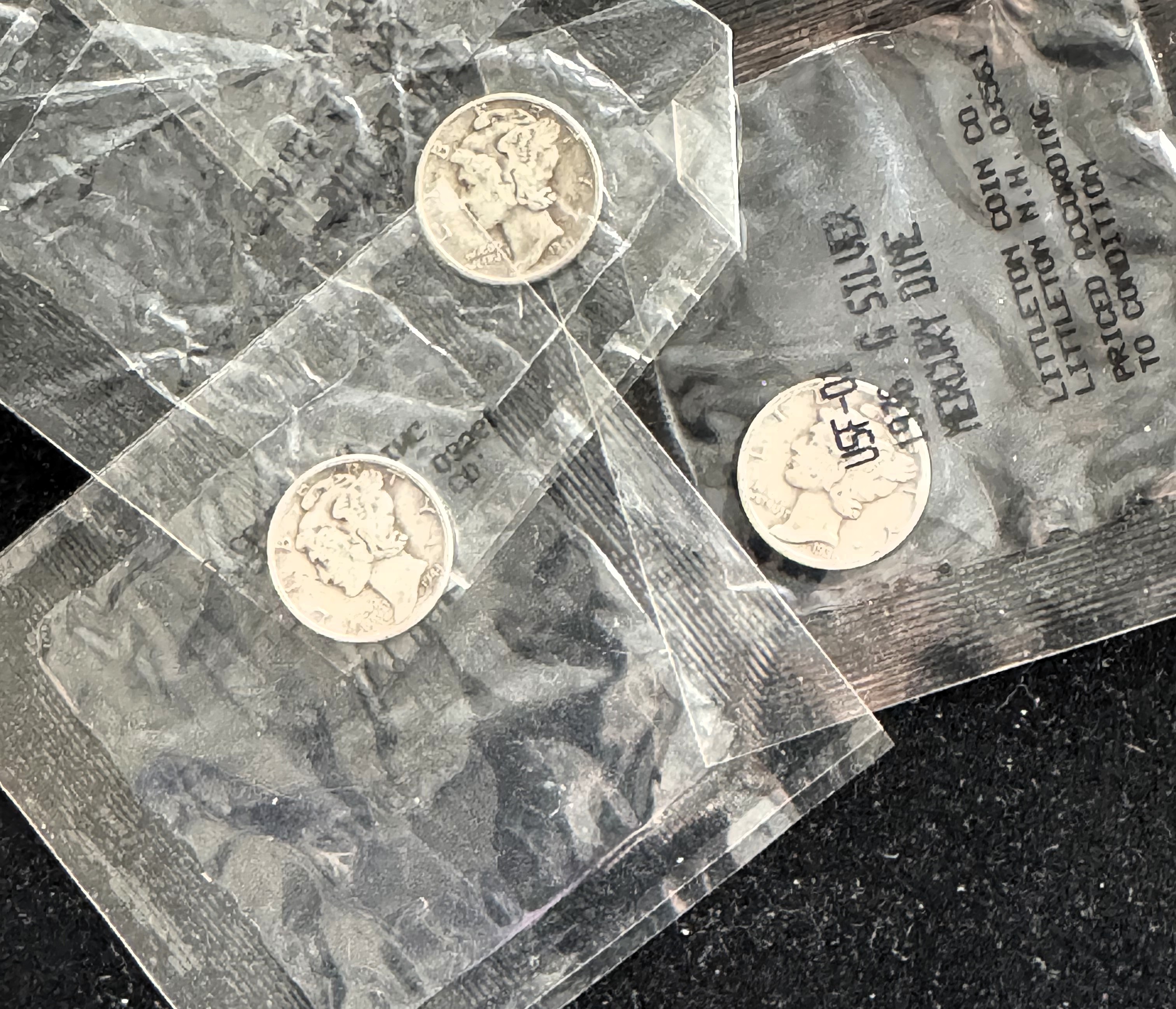 LITTLETON SILVER MERCURY DIMES (3 COINS) 1936, 1941, 1944, INDIVIDUALLY SEALED PKGS