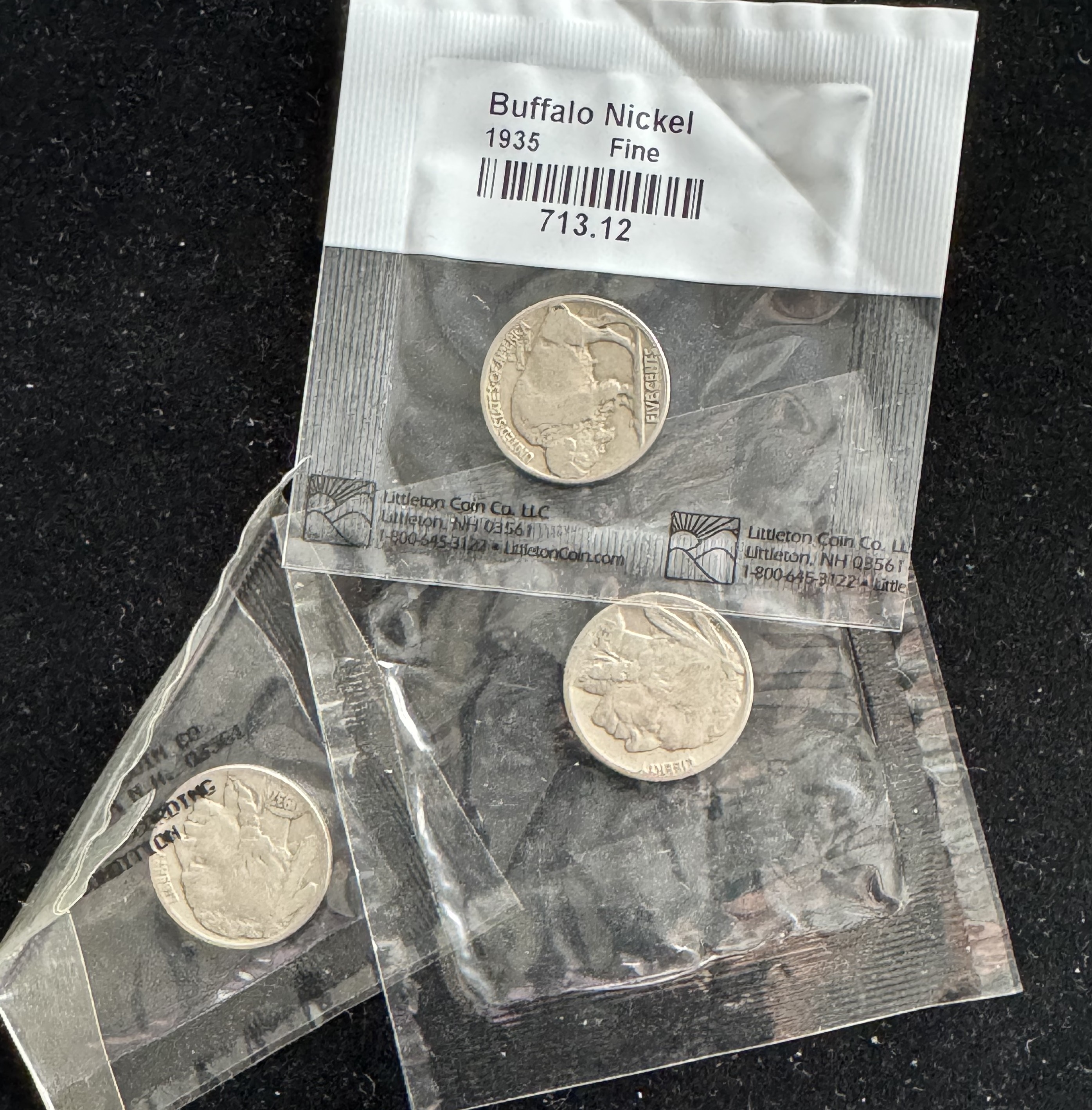 LITTLETON (3) COIN SET BUFFALO NICKELS 1934, 1935, 1937 INDIVIDUALLY SEALED PKGS
