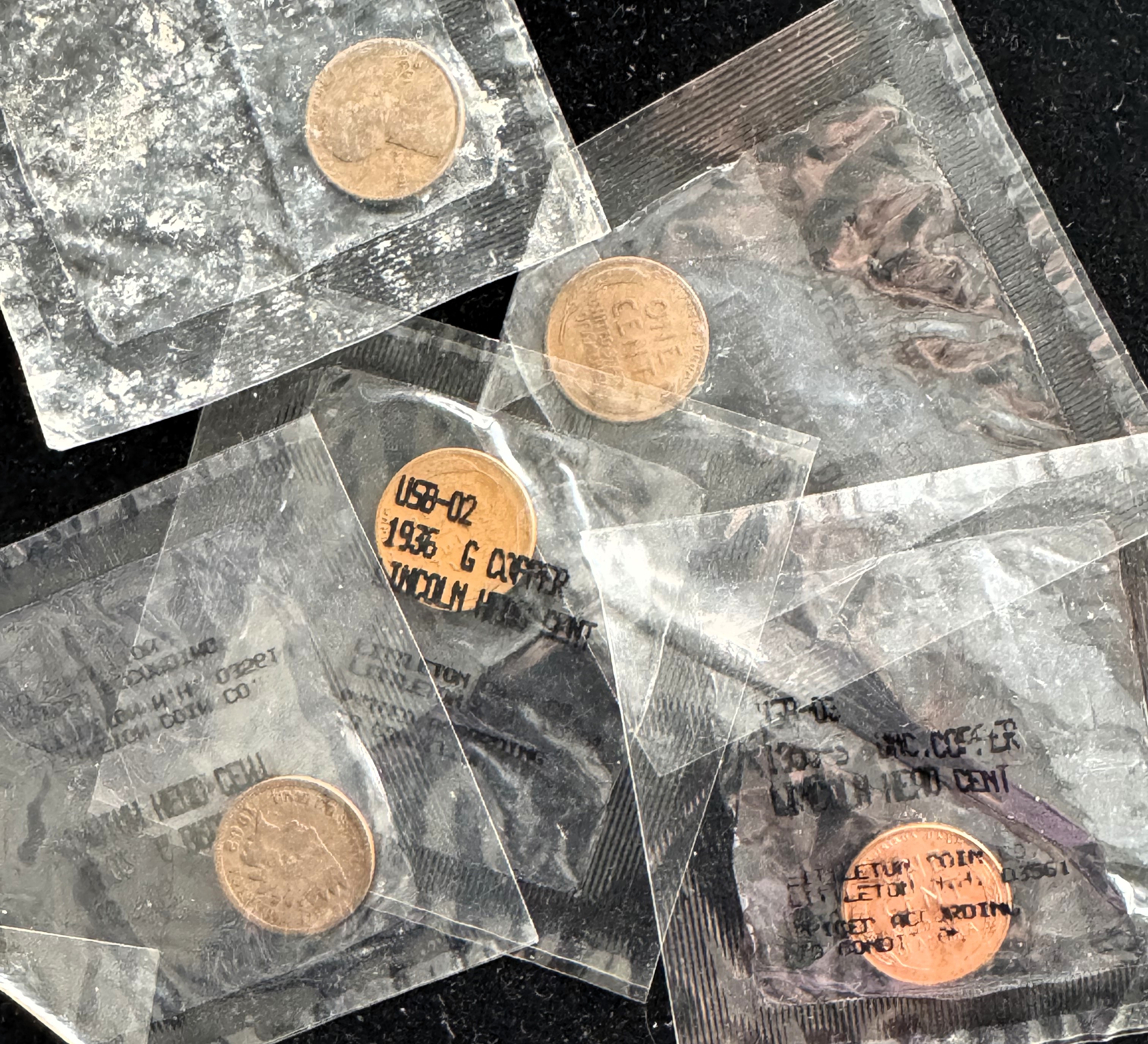 LITTLETON (5) COIN PENNY SET 1902 INDIAN HEAD, 1920, 1935-D, 1936, 1955-S UNC, INDIVIDUALLY SEALED PKGS