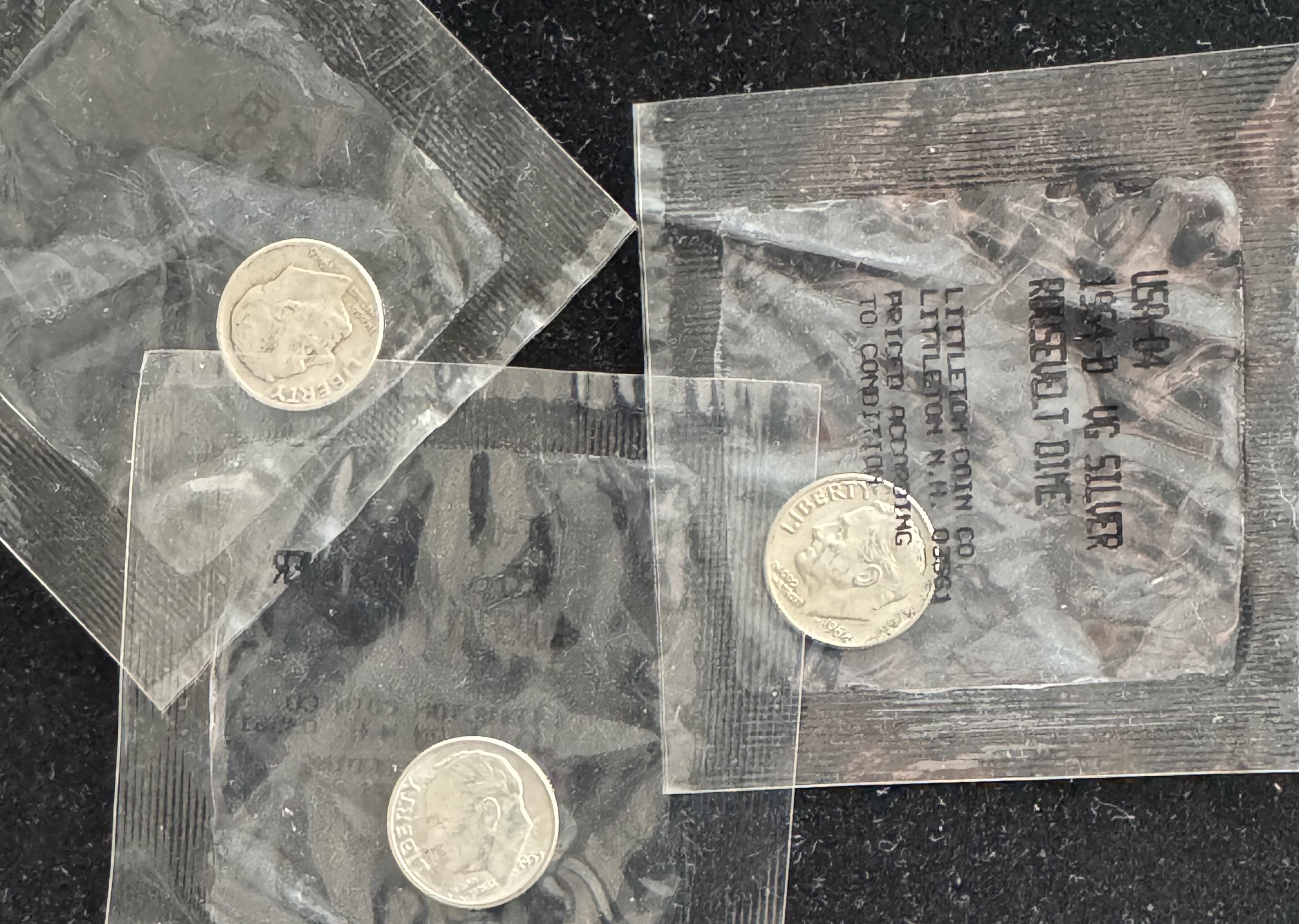 LITTLETON (3) COIN SET SILVER ROOSEVELT DIMES, 1946, 1964-D, 1955-S UNC, INDIVIDUALLY SEALED PKGS