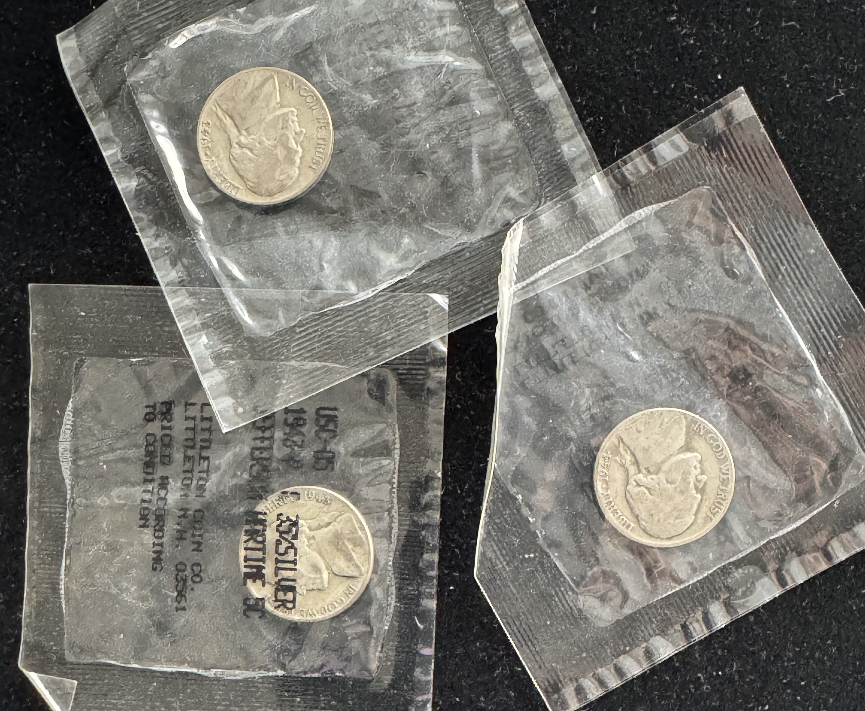 1943 (2) & 1944 WARTIME SILVER NICKELS IN LITTLETON SEALED INDIVIDUAL (3) PKGS