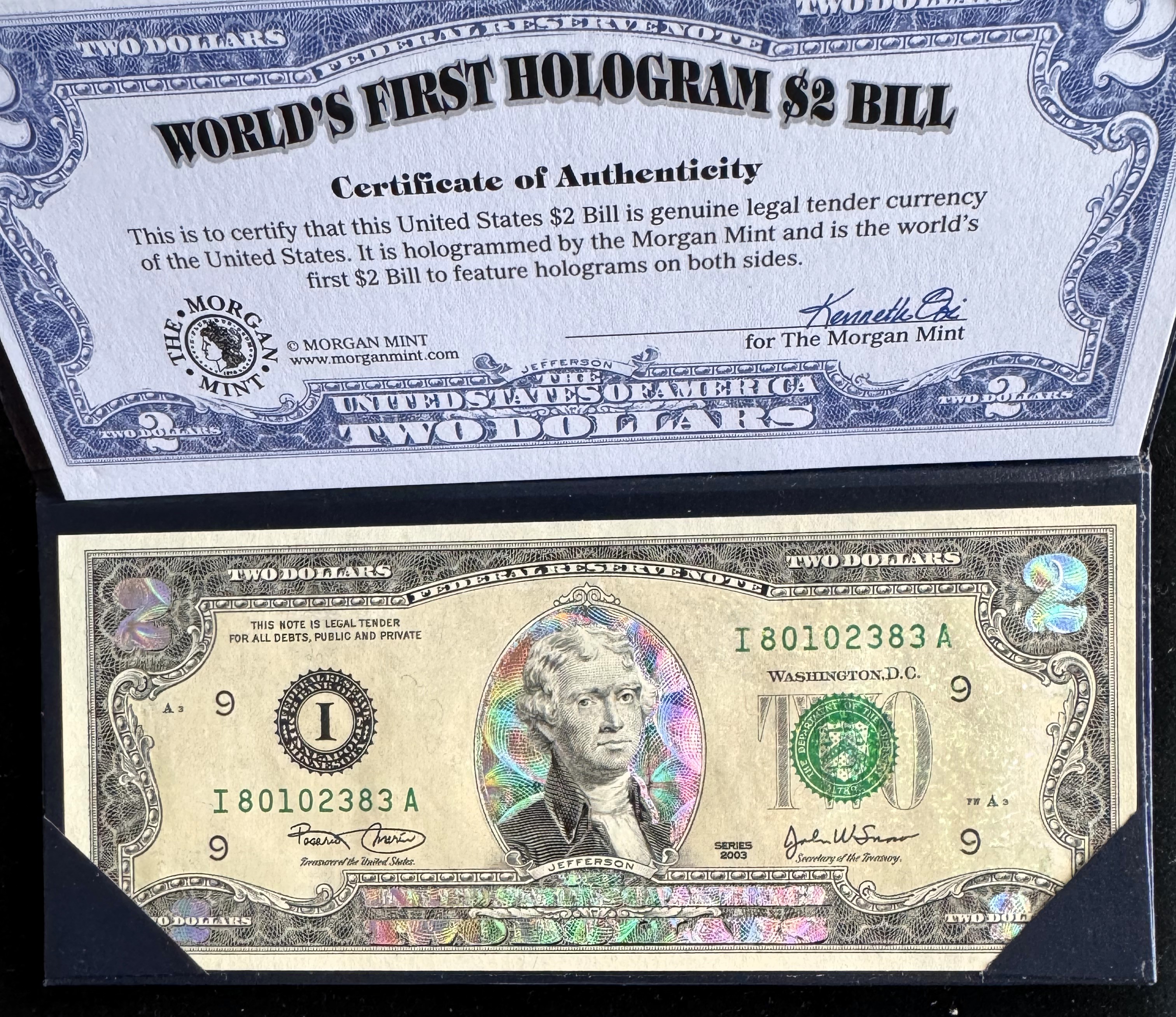 RARE WORLDS'S FIRST HOLOGRAM ON BOTH SIDES $2 DOLLAR BILL, LIKE NEW CRISP IN ORIG FOLDER, COA