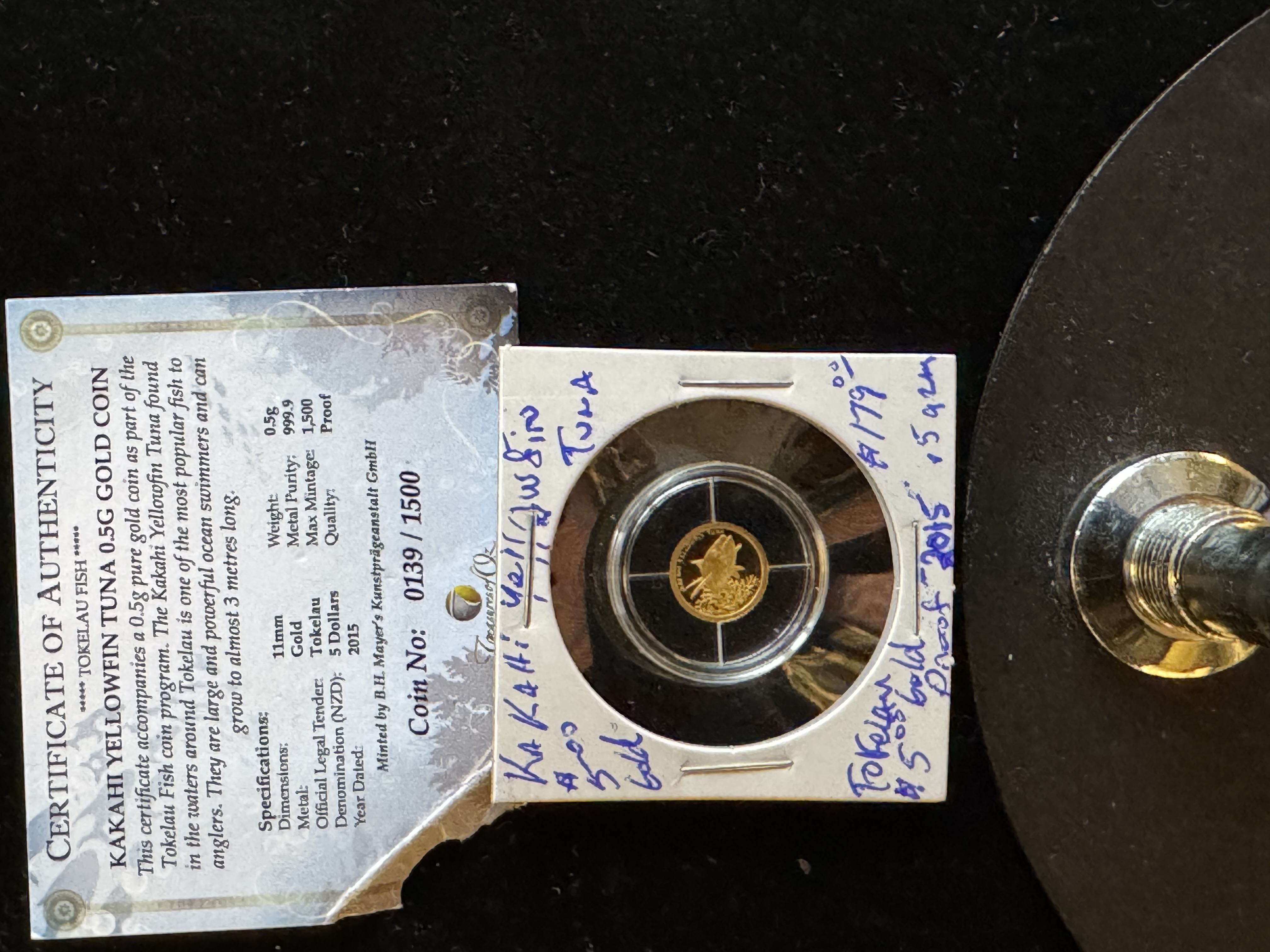 GOLD, 2015 KAKAHI YELLOWFIN TUNA 0.5g .999 FINE GOLD PROOF $5 DOLLARS COIN GEM IN CAPSULE, COA