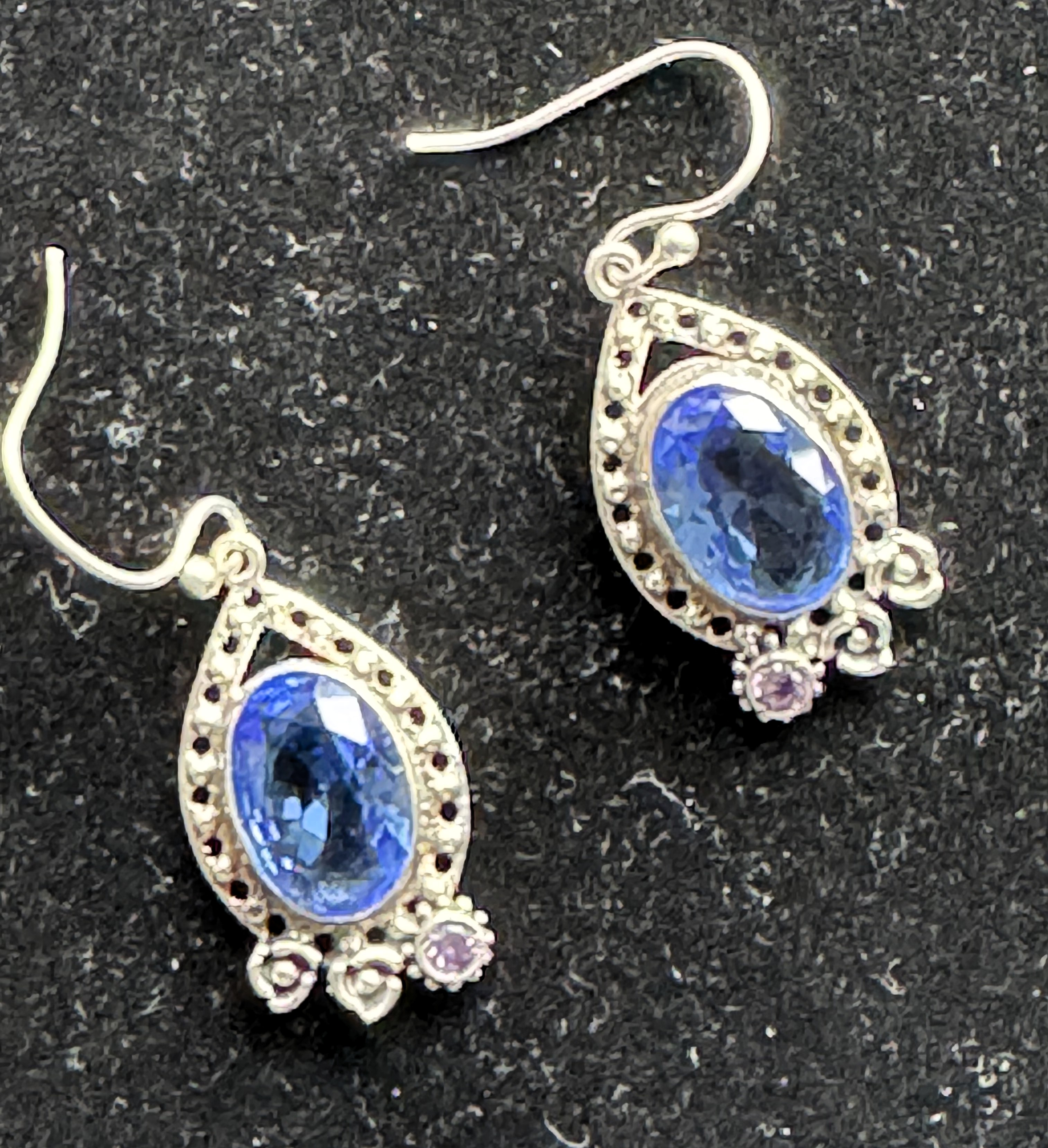 .925 STAMPED STERLING SILVER EARRINGS, STYLISH TANZANITE DROP DANGLING EARRINGS