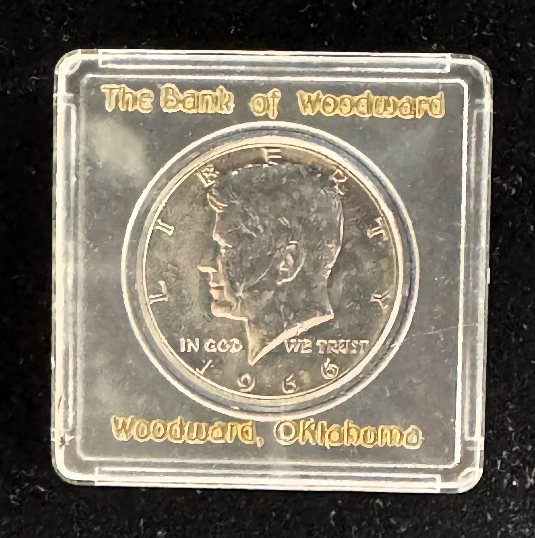 1966 SILVER KENNEDY HALF DOLLAR, BRIGHT SHINY COIN IN A BANK OF WOODWARD OK. IN A HARD CASE