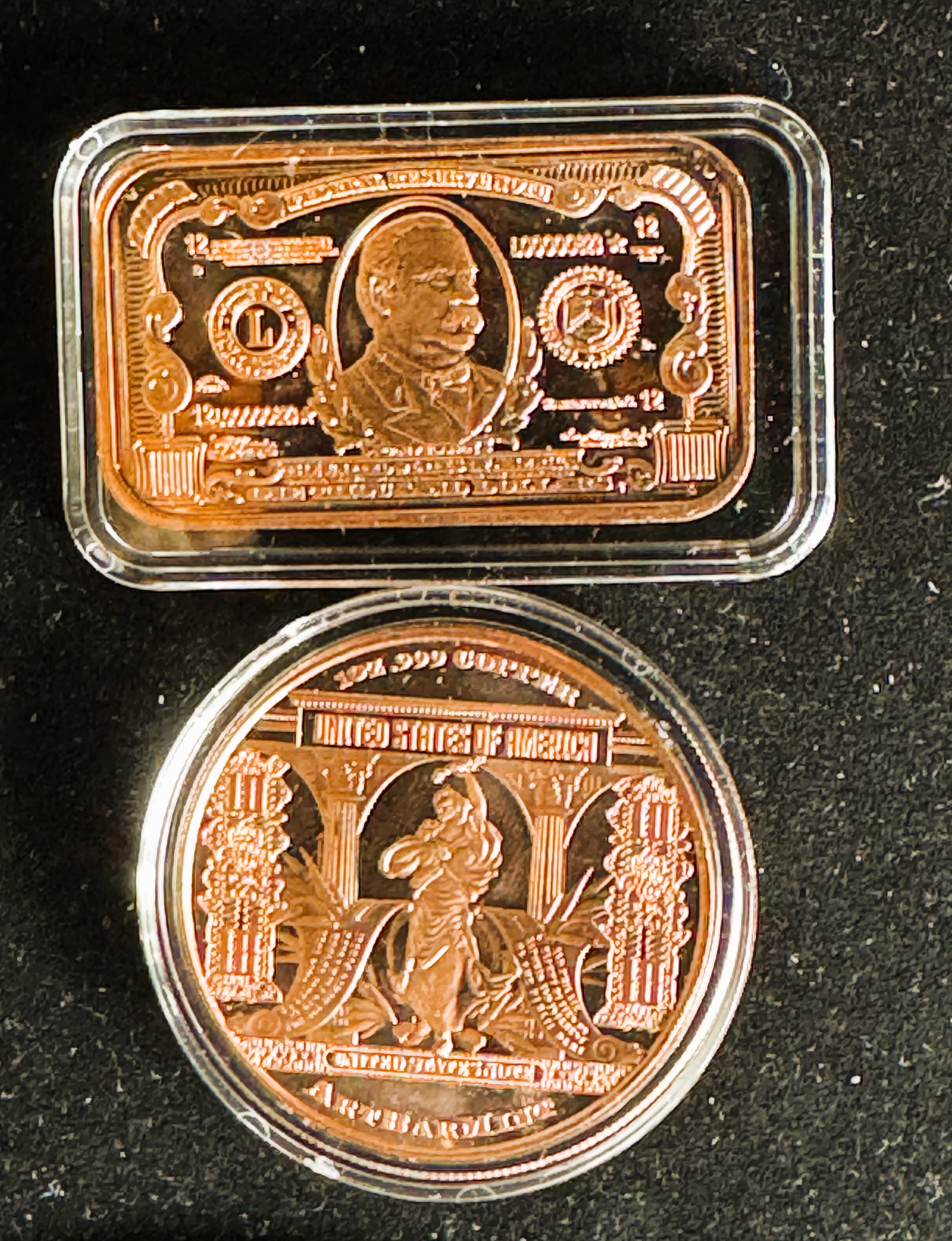 1oz .999 FINE COPPER BAR, "ONE THOUSAND DOLLARS" PROOF-LIKE DESIGN & 1oz ROUND "$10 NOTE" BU GEMS COINS IN SEALED CAPSULES