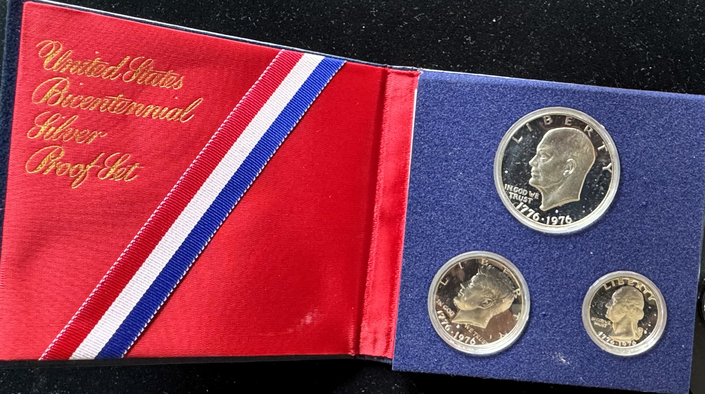 1776-1976-S BICENTENNIAL SILVER PROOF 3 COIN SET GEMS, IN OGP CAPSULES, SEALED CASE