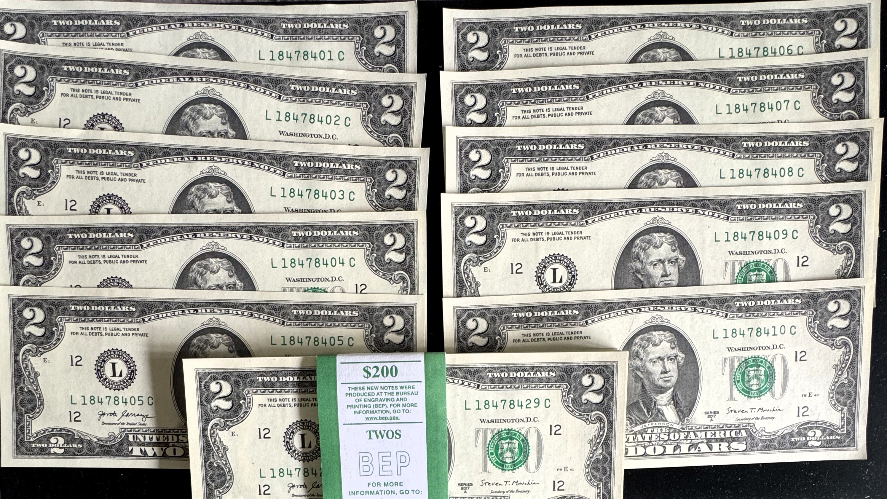 UNCIRCULATED 2017 A SERIES $2 DOLLAR NOTES (10) CONSECUTIVE SAN FRANCISCO SERIAL NUMBERS, (OUT OF B.E.P SHOWN)