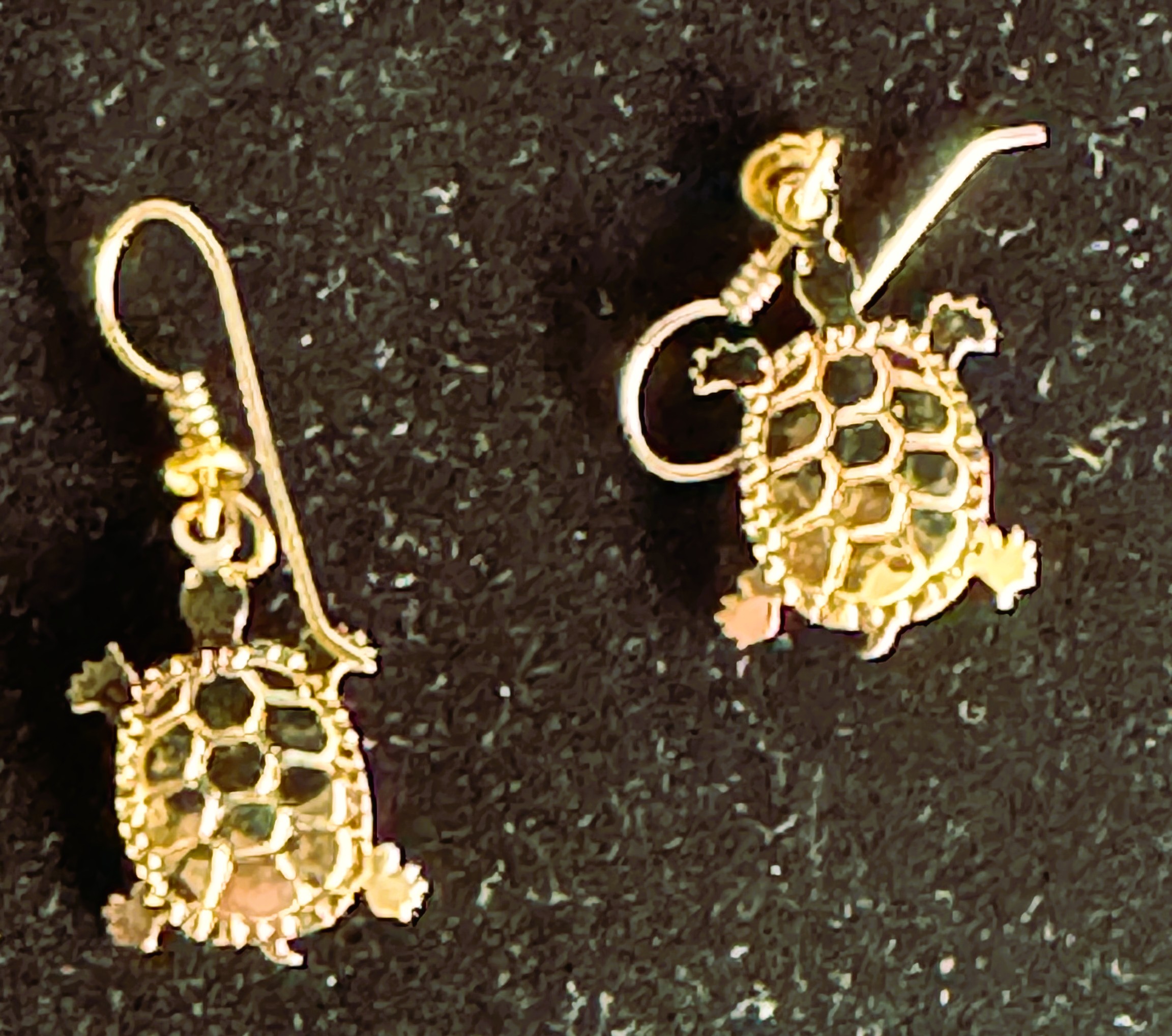 WILL BYRDE GOLD LAYERED HIGHLY POLISHED HANDCRAFTED DANGLE EARRINGS, BEAUTIES, LIKE NEW NEVER WORN TURTLES