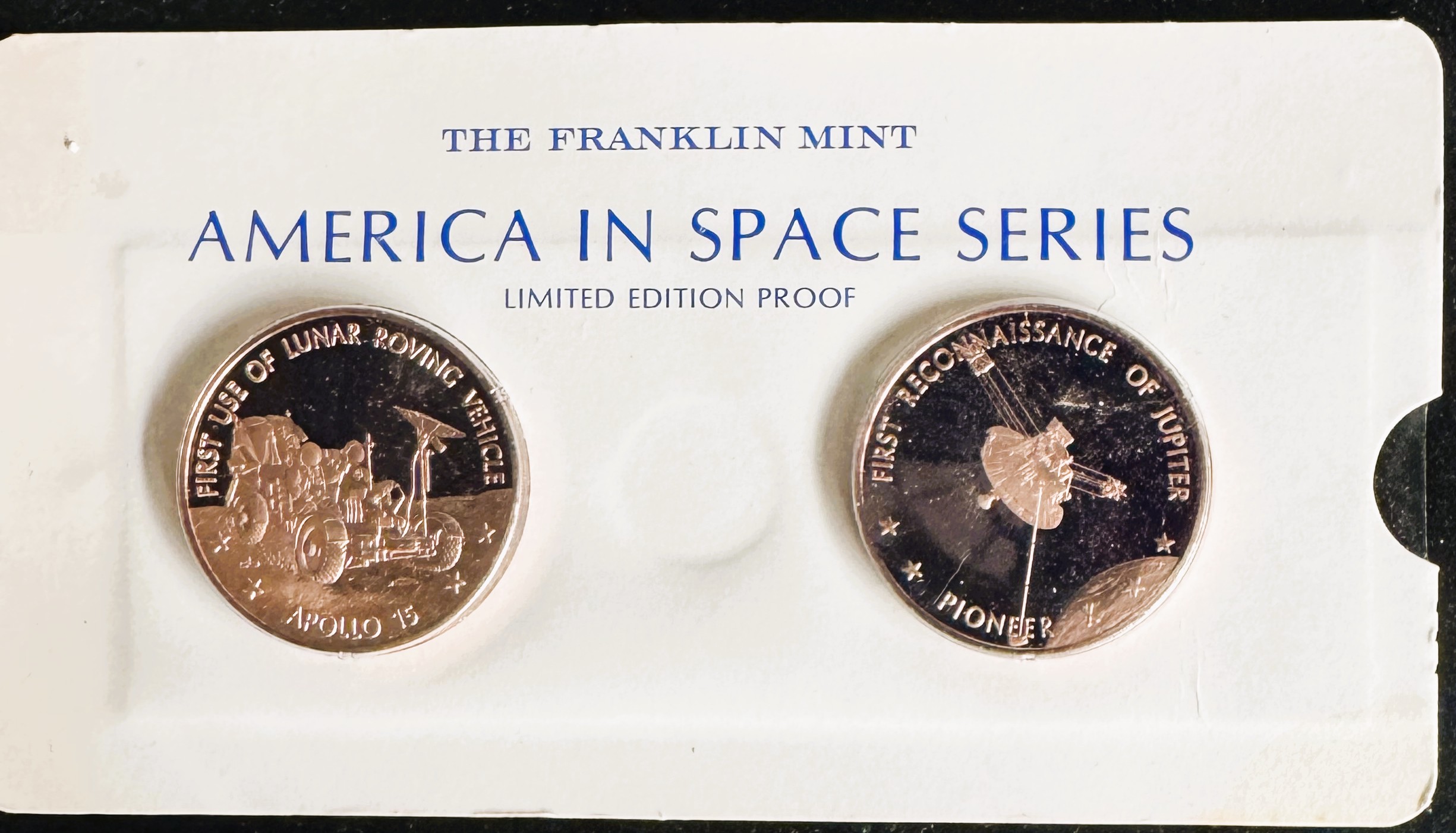 VINTAGE FRANKIN MINT AMERICA IN SPACE PROOF POLISHED APOLLO 15 AND PIONEER UNBLEMISHED COINS IN FILM SEALED ORIG PKG